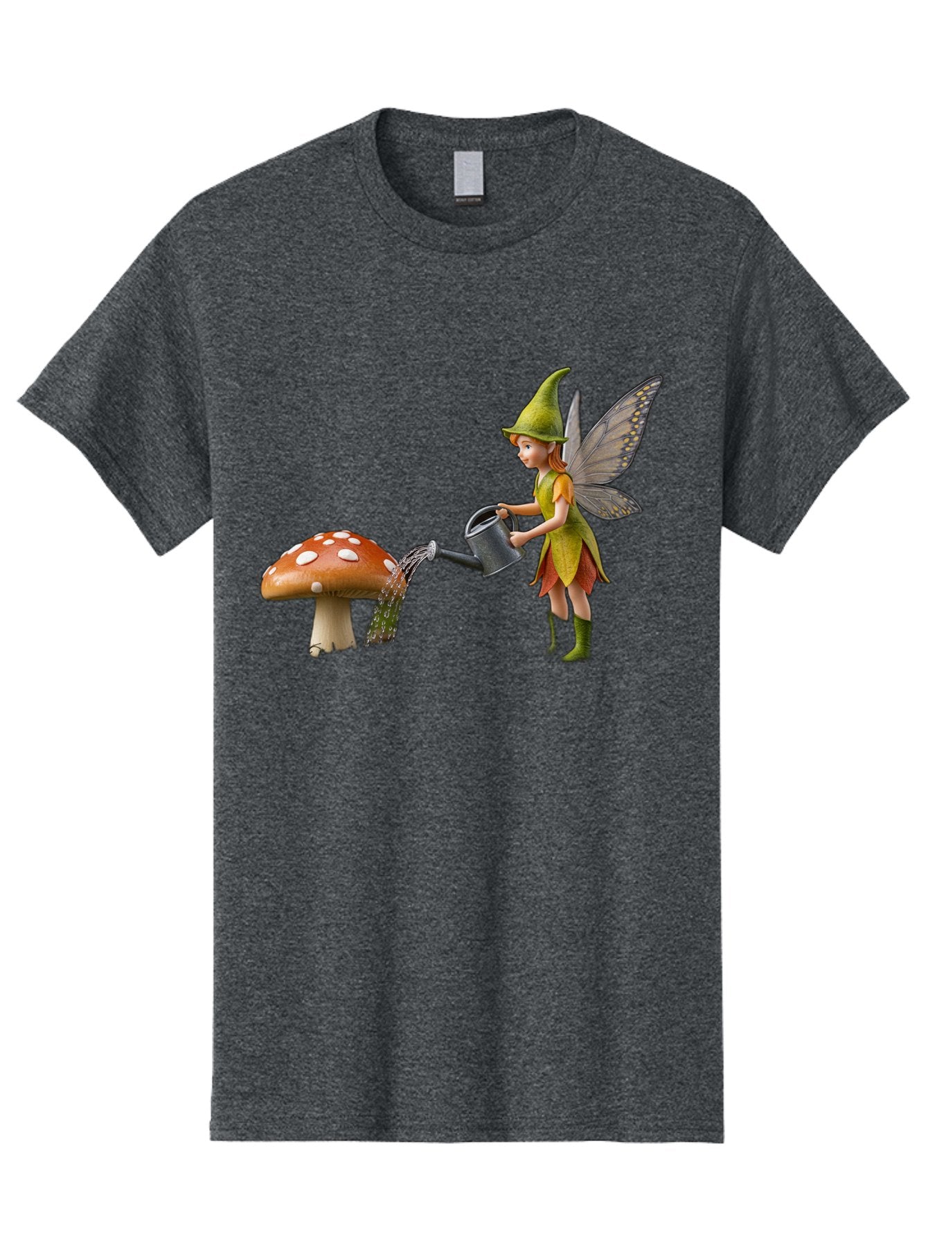 Fairy-Watering-Mushroom Men'S Graphic Tee, 100% Cotton, Comfortable Casual Summer Wear, Machine Washable, Fairy Watering Mushroom, Whimsical Scene, Fantastical Creature, Green Hat, Yellow Dress, Watering Can, Red Mushroom, White Spots, Baa654