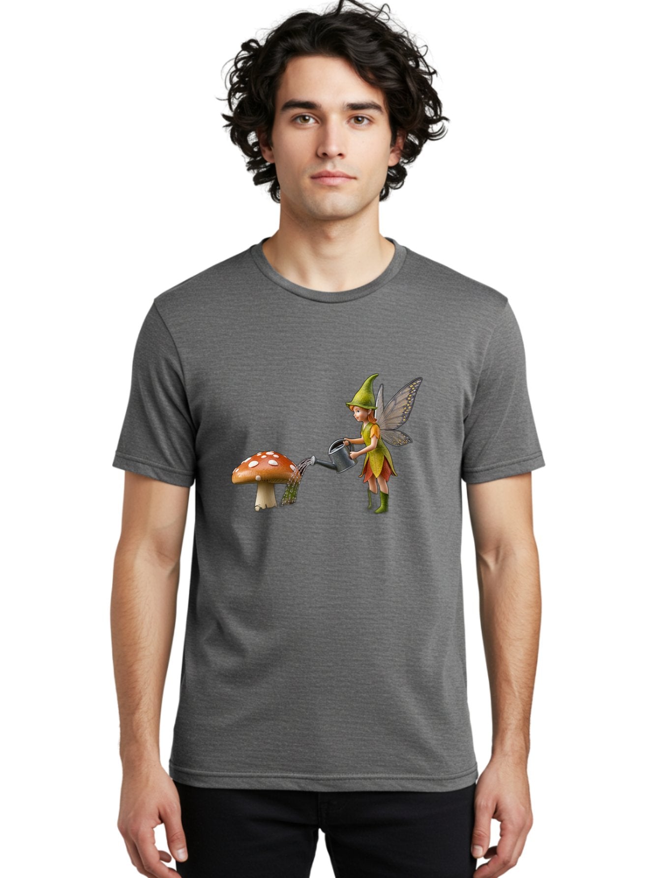 Fairy-Watering-Mushroom Men'S Graphic Tee, 100% Cotton, Comfortable Casual Summer Wear, Machine Washable, Fairy Watering Mushroom, Whimsical Scene, Fantastical Creature, Green Hat, Yellow Dress, Watering Can, Red Mushroom, White Spots, Baa654 29
