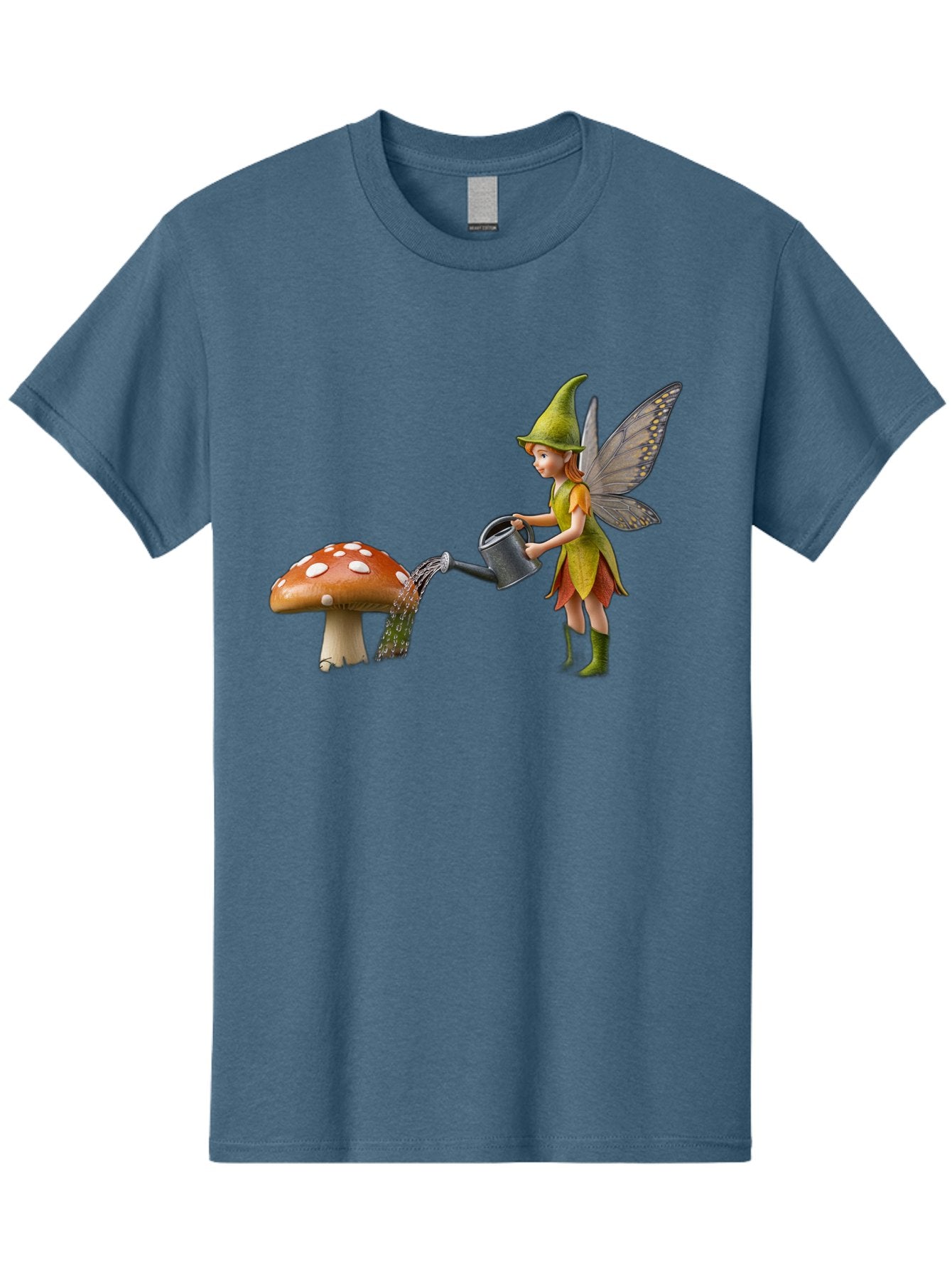Fairy-Watering-Mushroom Men'S Graphic Tee, 100% Cotton, Comfortable Casual Summer Wear, Machine Washable, Fairy Watering Mushroom, Whimsical Scene, Fantastical Creature, Green Hat, Yellow Dress, Watering Can, Red Mushroom, White Spots, Baa654 15