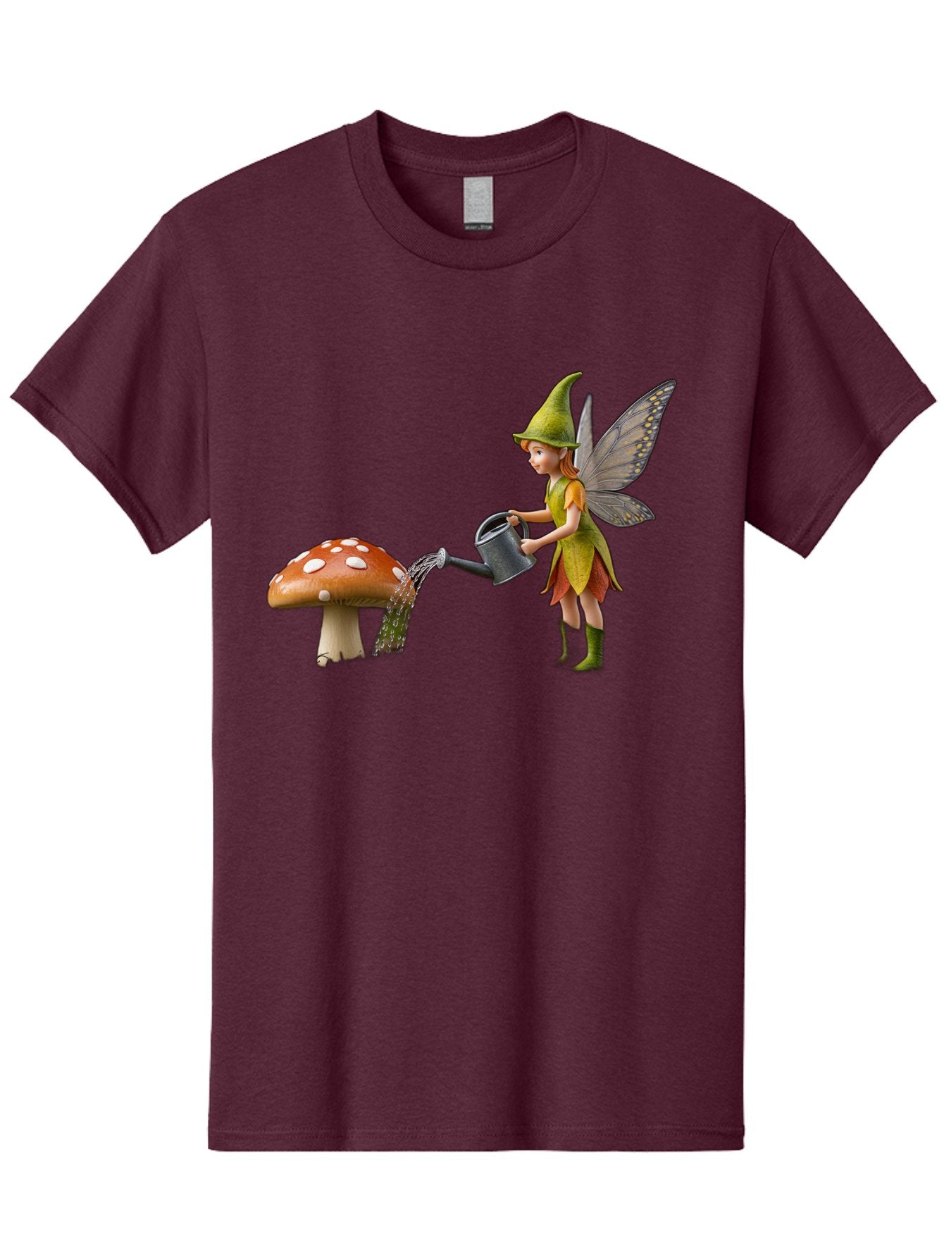Fairy-Watering-Mushroom Men'S Graphic Tee, 100% Cotton, Comfortable Casual Summer Wear, Machine Washable, Fairy Watering Mushroom, Whimsical Scene, Fantastical Creature, Green Hat, Yellow Dress, Watering Can, Red Mushroom, White Spots, Baa654 13