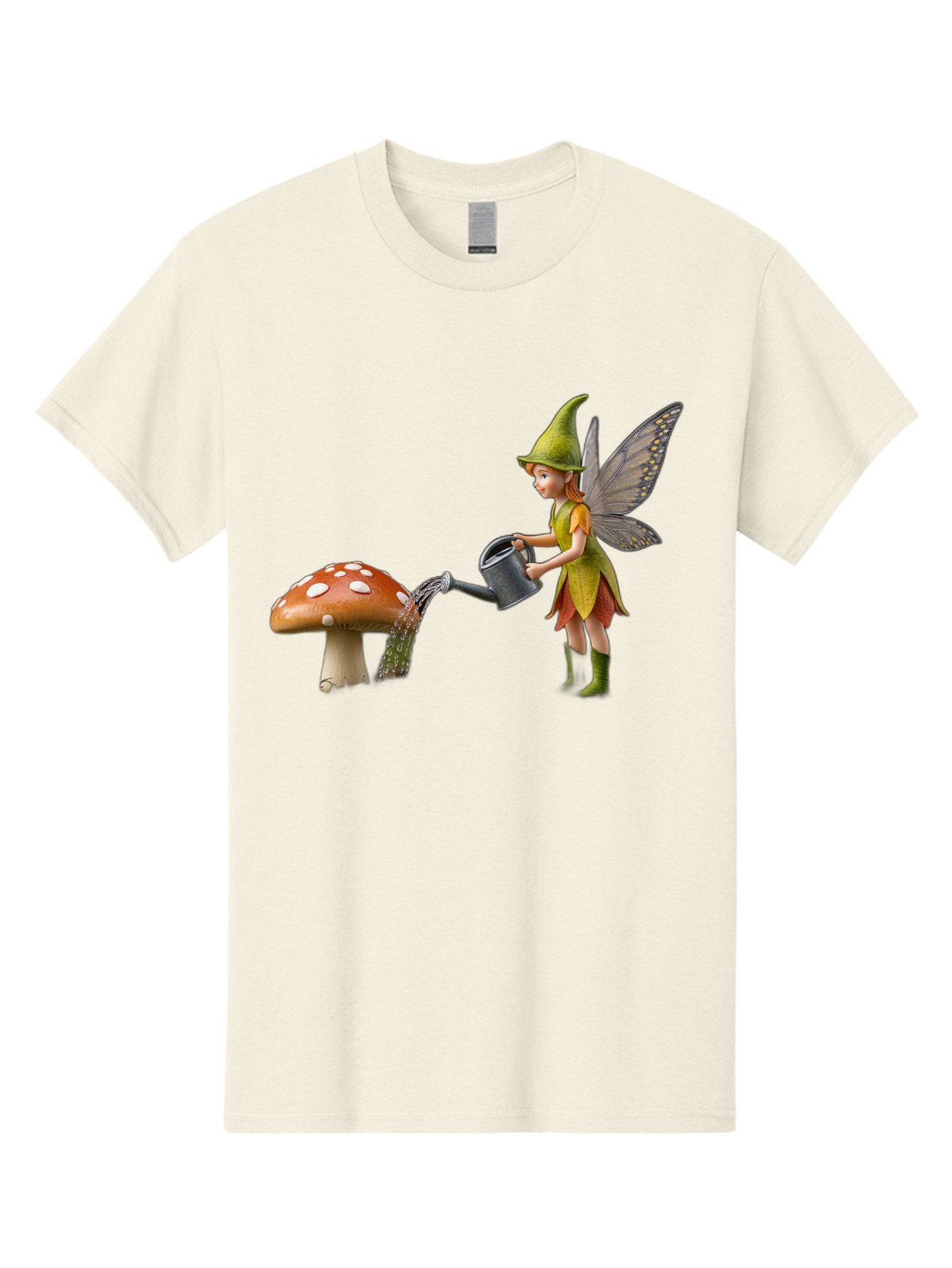 Fairy-Watering-Mushroom Men'S Graphic Tee, 100% Cotton, Comfortable Casual Summer Wear, Machine Washable, Fairy Watering Mushroom, Whimsical Scene, Fantastical Creature, Green Hat, Yellow Dress, Watering Can, Red Mushroom, White Spots, Baa654 8