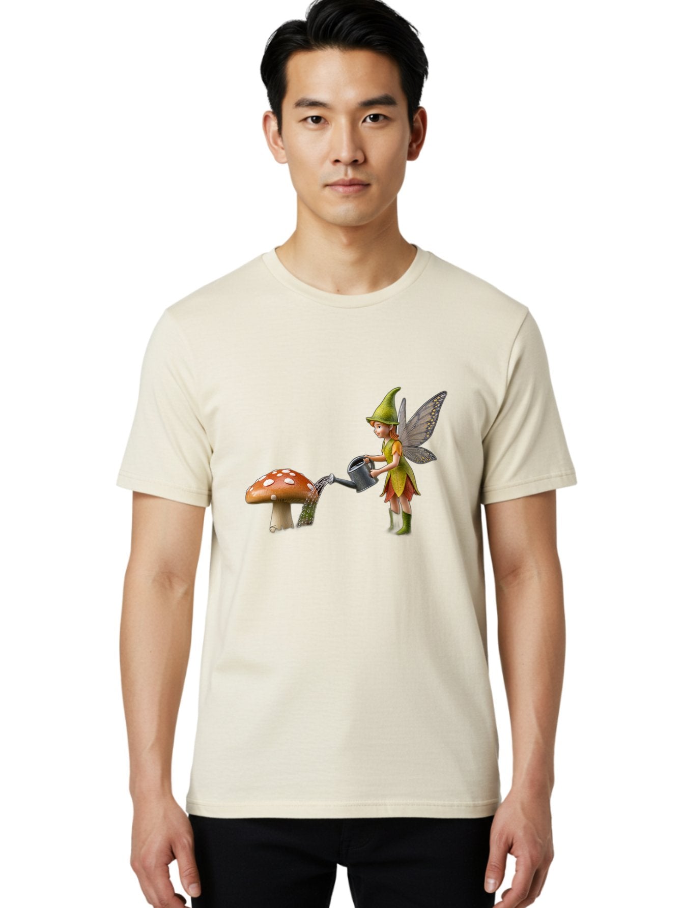 Fairy-Watering-Mushroom Men'S Graphic Tee, 100% Cotton, Comfortable Casual Summer Wear, Machine Washable, Fairy Watering Mushroom, Whimsical Scene, Fantastical Creature, Green Hat, Yellow Dress, Watering Can, Red Mushroom, White Spots, Baa654 25