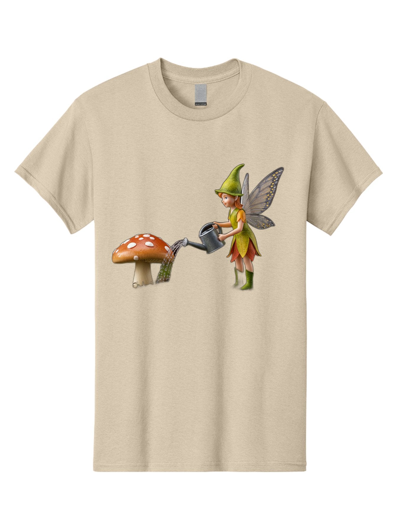 Fairy-Watering-Mushroom Men'S Graphic Tee, 100% Cotton, Comfortable Casual Summer Wear, Machine Washable, Fairy Watering Mushroom, Whimsical Scene, Fantastical Creature, Green Hat, Yellow Dress, Watering Can, Red Mushroom, White Spots, Baa654 12