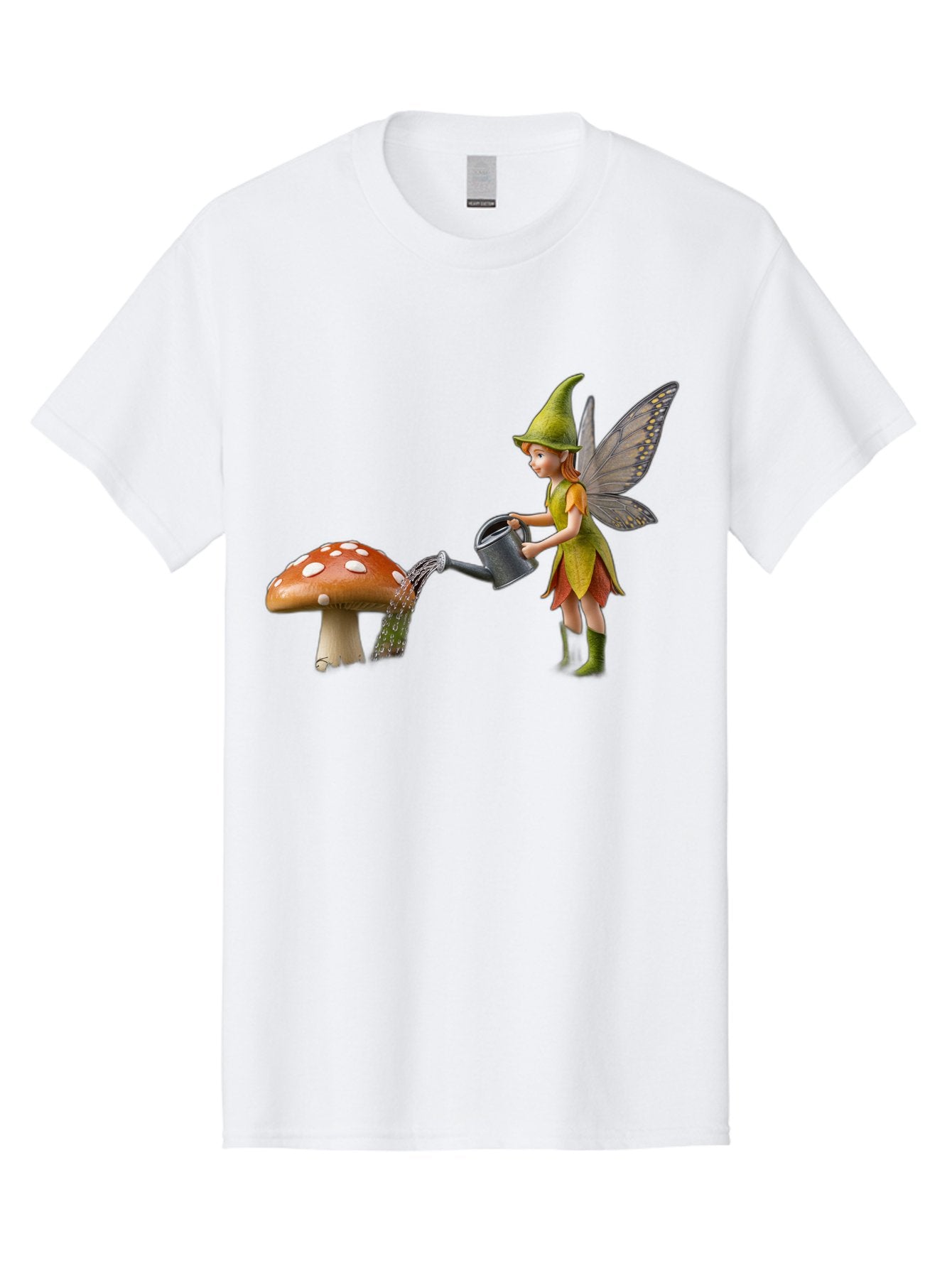 Fairy-Watering-Mushroom Men'S Graphic Tee, 100% Cotton, Comfortable Casual Summer Wear, Machine Washable, Fairy Watering Mushroom, Whimsical Scene, Fantastical Creature, Green Hat, Yellow Dress, Watering Can, Red Mushroom, White Spots, Baa654 3