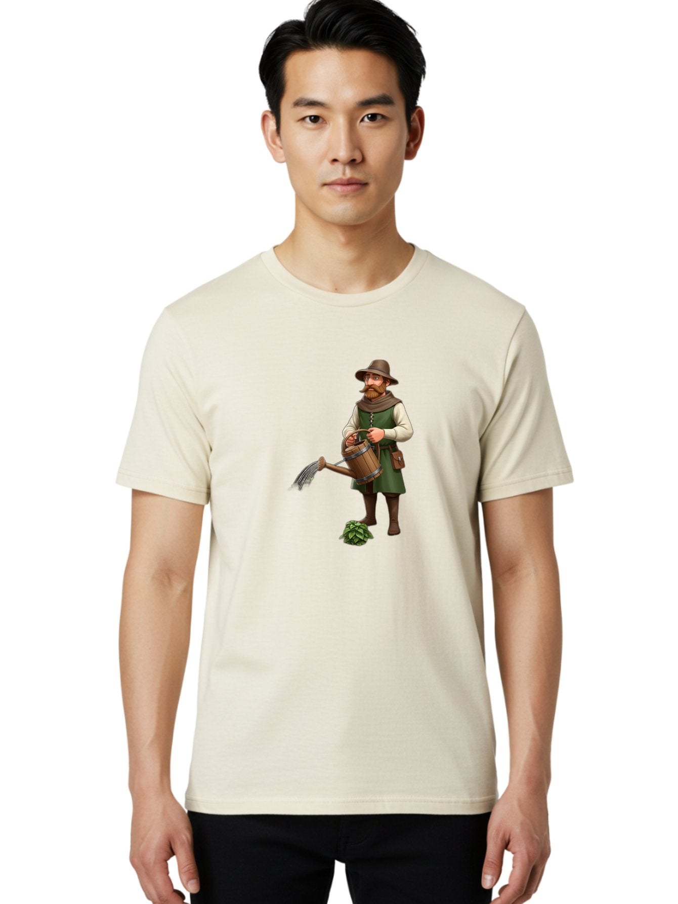 Farmer-Hops Men'S Graphic Tee, 100% Cotton, Comfortable Casual Summer Wear, Machine Washable, Cartoon Farmer, Gardening Tools, Watering Can, Rustic Clothing, Hat, Beard, Hop Plant, Agricultural Work, Manual Labor, Traditional Farming Baa655 18