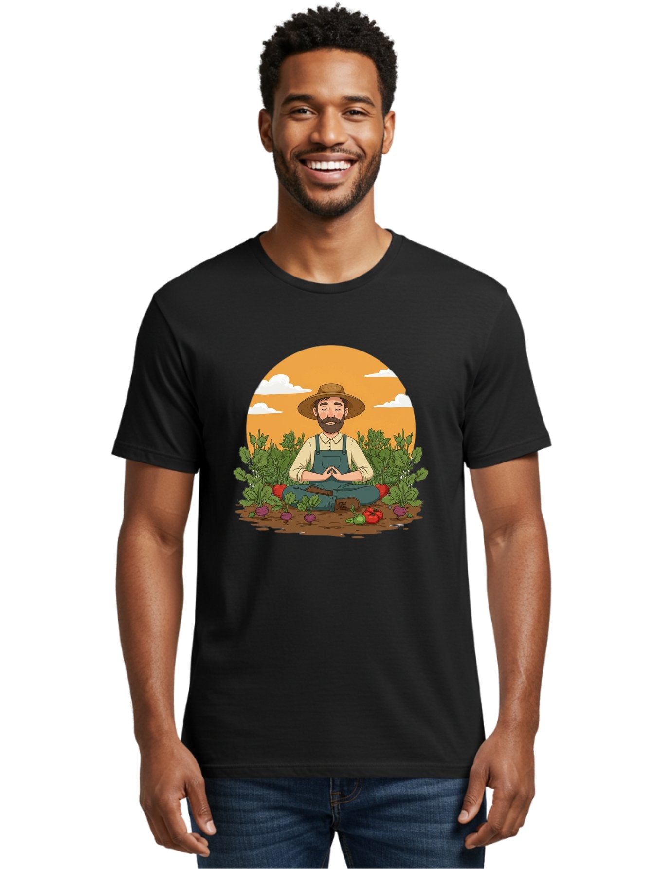 Farmer-Meditating Men'S Graphic Tee, 100% Cotton, Comfortable Casual Summer Wear, Machine Washable, Farmer Meditating In Garden, Peaceful Atmosphere, Gardening, Organic Farming, Healthy Lifestyle, Relaxation, Bearded Man, Lotus Position, Baa656 26