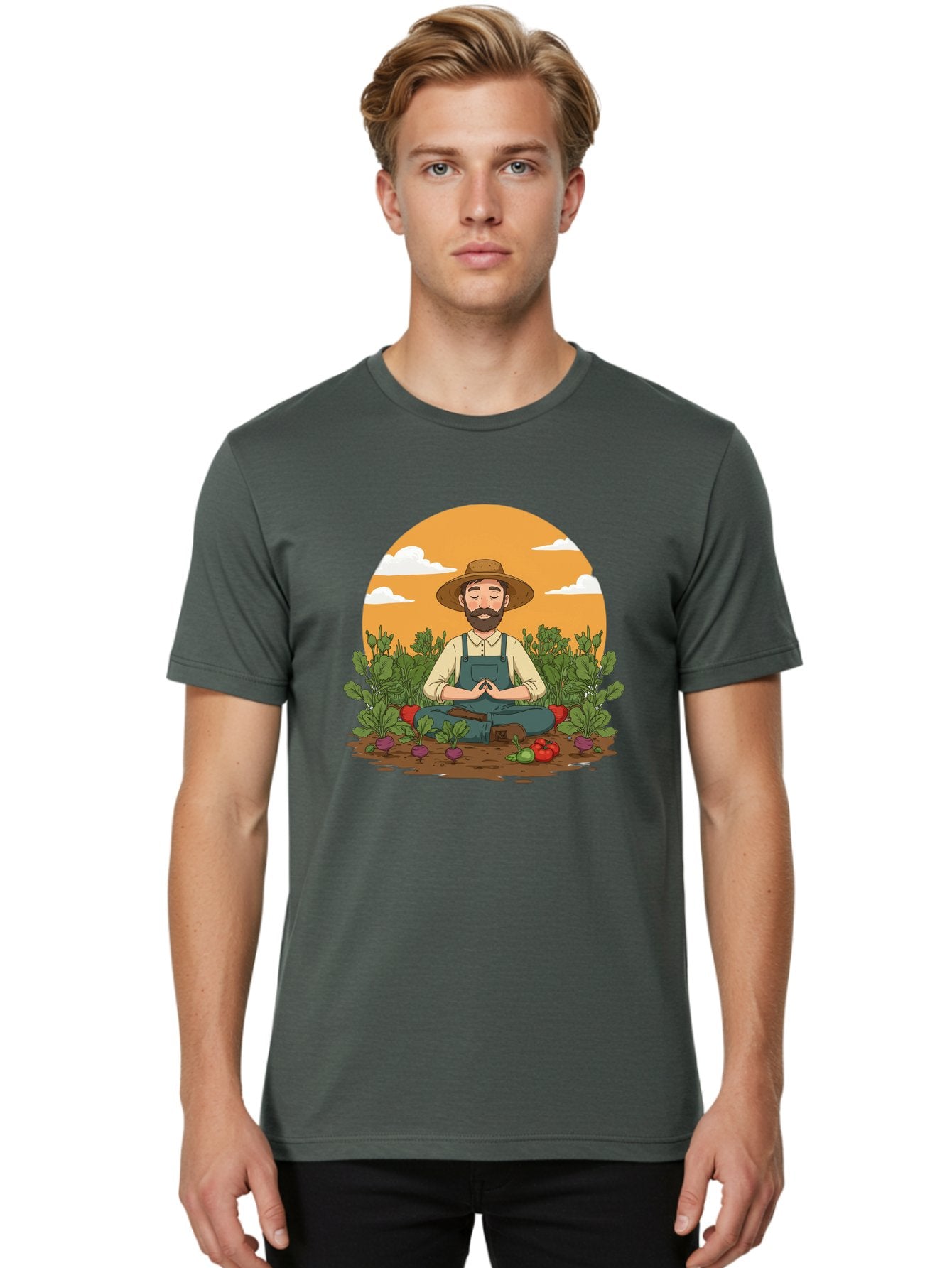 Farmer-Meditating Men'S Graphic Tee, 100% Cotton, Comfortable Casual Summer Wear, Machine Washable, Farmer Meditating In Garden, Peaceful Atmosphere, Gardening, Organic Farming, Healthy Lifestyle, Relaxation, Bearded Man, Lotus Position, Baa656 28