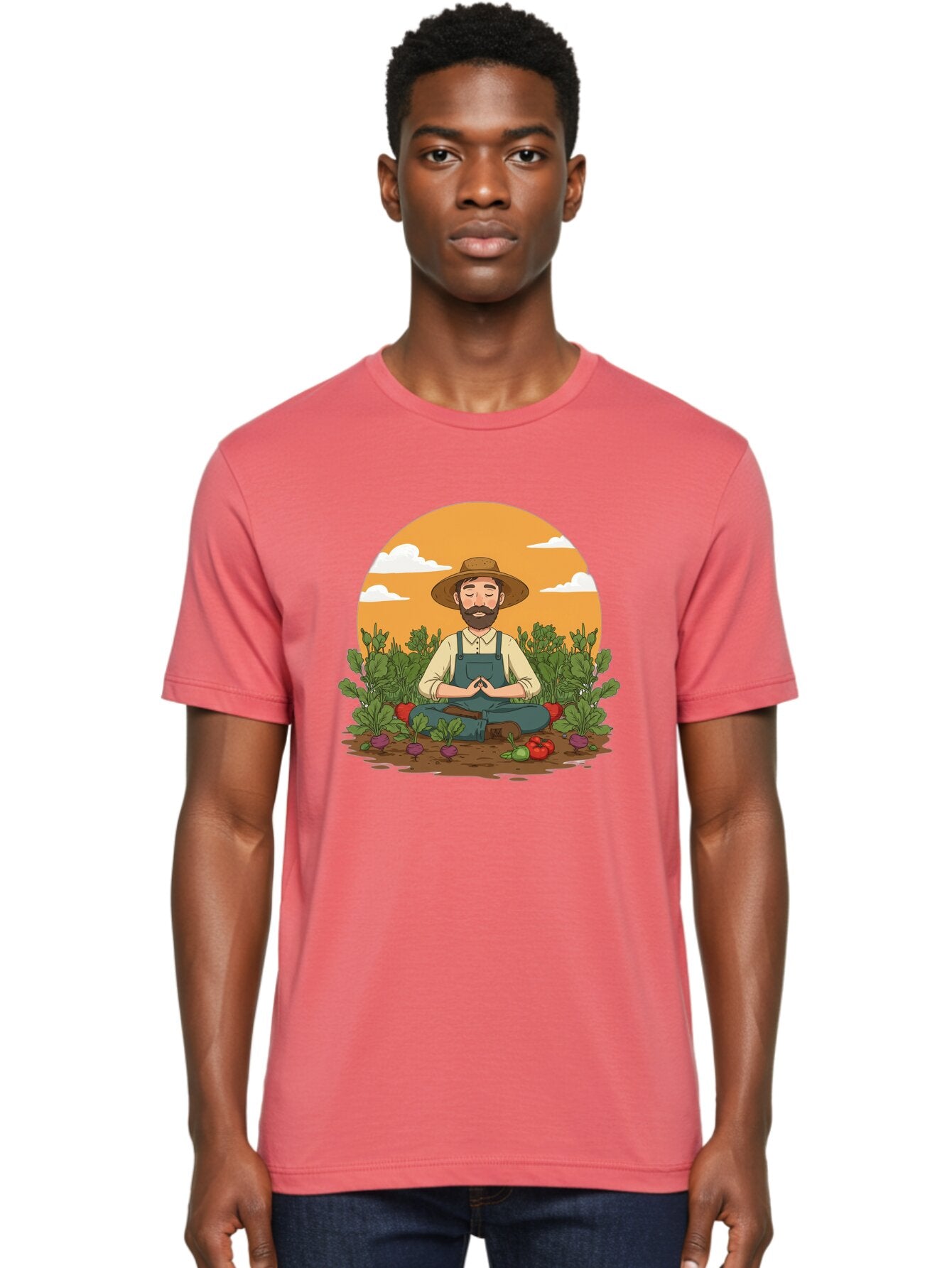 Farmer-Meditating Men'S Graphic Tee, 100% Cotton, Comfortable Casual Summer Wear, Machine Washable, Farmer Meditating In Garden, Peaceful Atmosphere, Gardening, Organic Farming, Healthy Lifestyle, Relaxation, Bearded Man, Lotus Position, Baa656 24