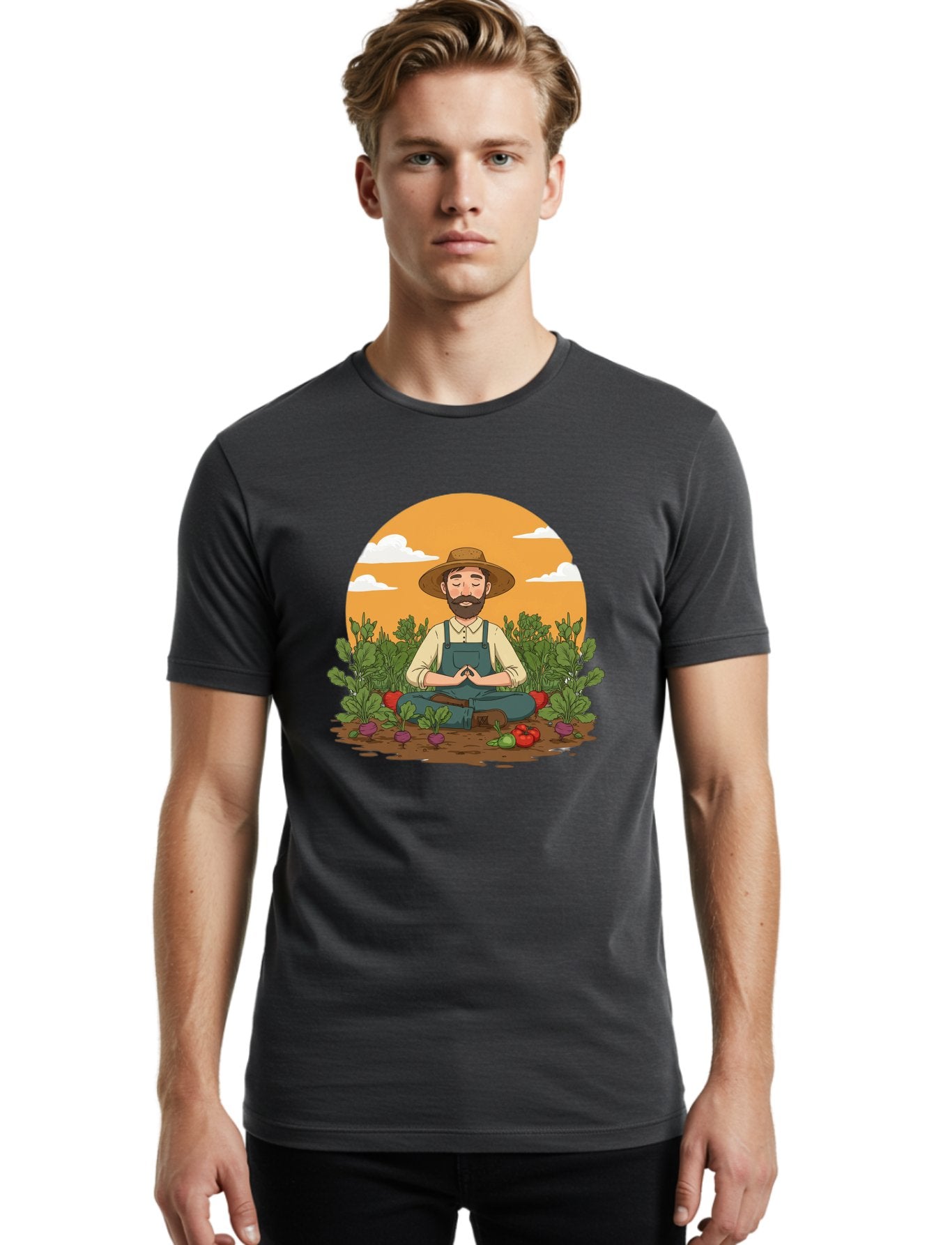 Farmer-Meditating Men'S Graphic Tee, 100% Cotton, Comfortable Casual Summer Wear, Machine Washable, Farmer Meditating In Garden, Peaceful Atmosphere, Gardening, Organic Farming, Healthy Lifestyle, Relaxation, Bearded Man, Lotus Position, Baa656 16
