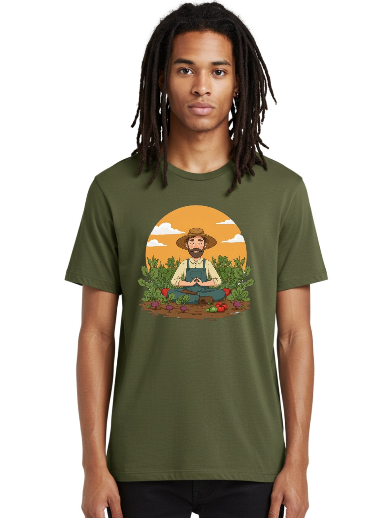 Farmer-Meditating Men'S Graphic Tee, 100% Cotton, Comfortable Casual Summer Wear, Machine Washable, Farmer Meditating In Garden, Peaceful Atmosphere, Gardening, Organic Farming, Healthy Lifestyle, Relaxation, Bearded Man, Lotus Position, Baa656 27