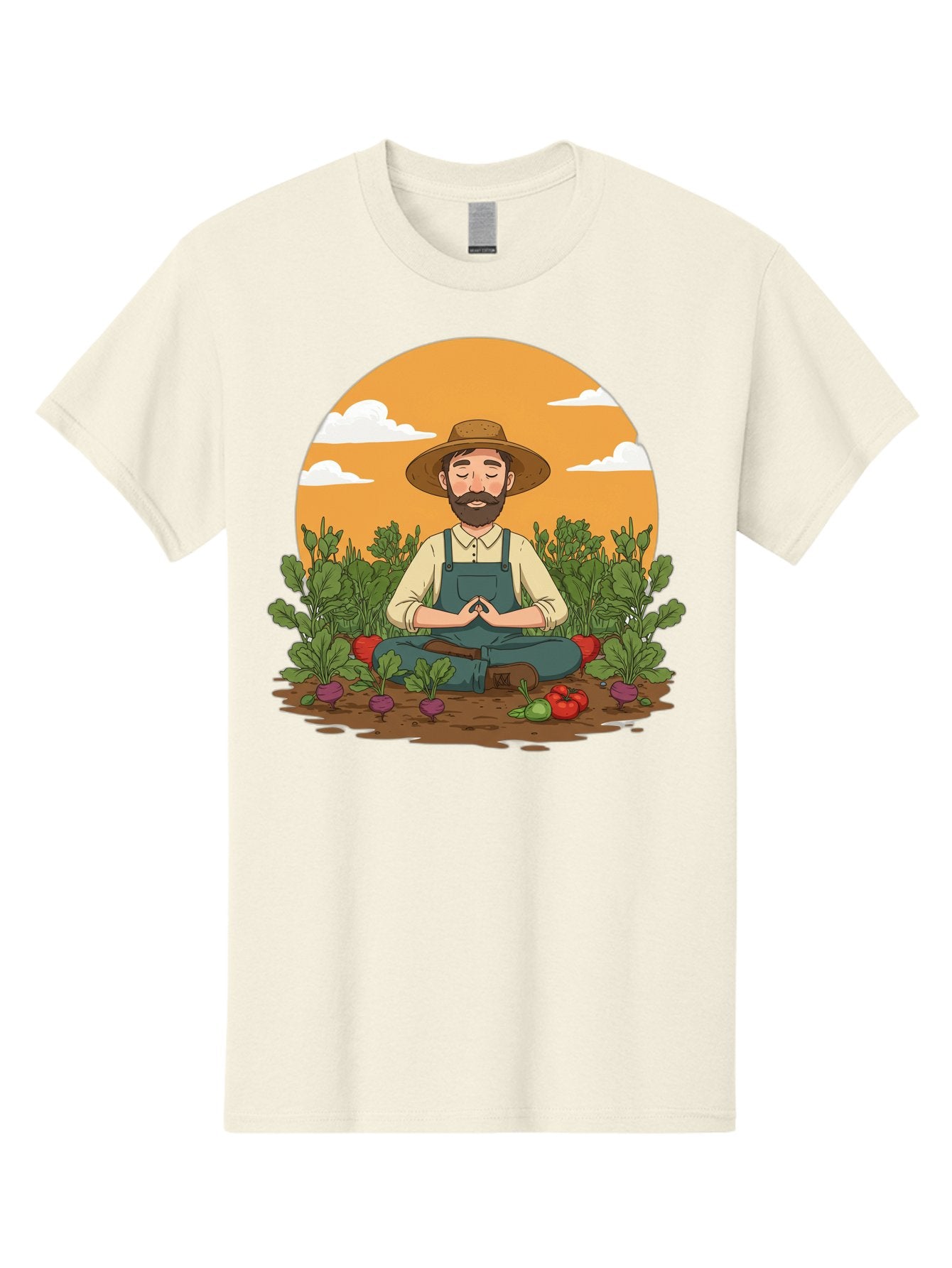 Farmer-Meditating Men'S Graphic Tee, 100% Cotton, Comfortable Casual Summer Wear, Machine Washable, Farmer Meditating In Garden, Peaceful Atmosphere, Gardening, Organic Farming, Healthy Lifestyle, Relaxation, Bearded Man, Lotus Position, Baa656 5