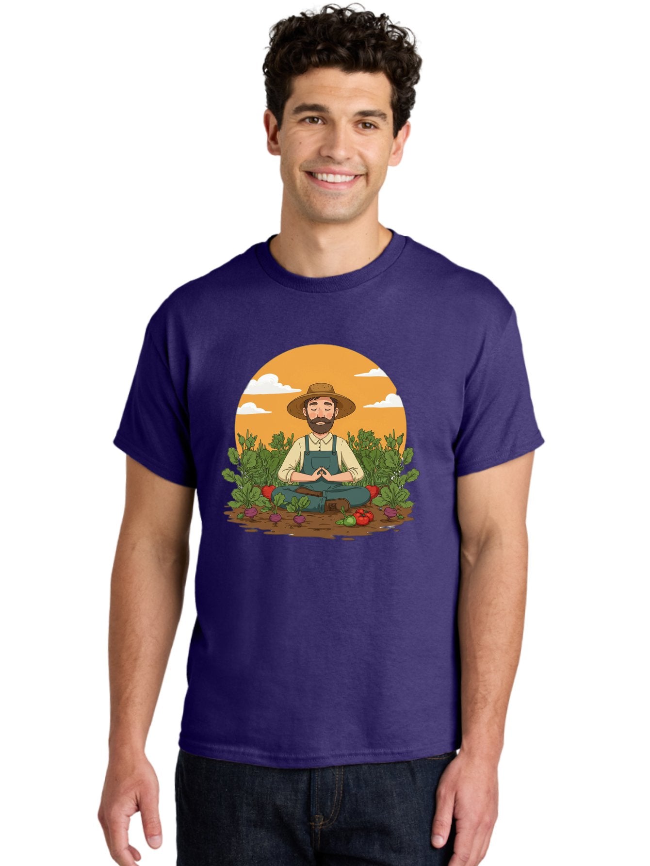 Farmer-Meditating Men'S Graphic Tee, 100% Cotton, Comfortable Casual Summer Wear, Machine Washable, Farmer Meditating In Garden, Peaceful Atmosphere, Gardening, Organic Farming, Healthy Lifestyle, Relaxation, Bearded Man, Lotus Position, Baa656 19