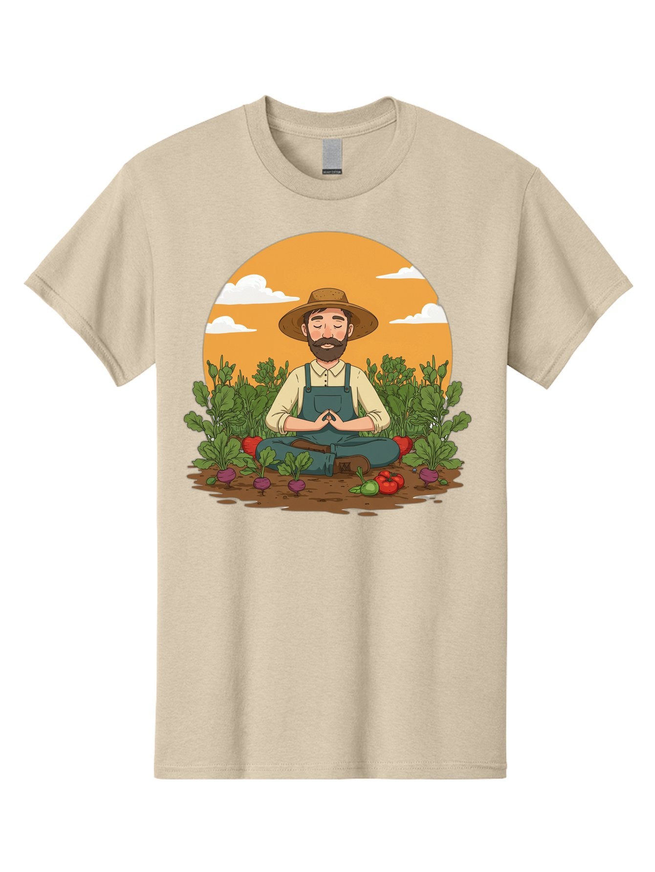 Farmer-Meditating Men'S Graphic Tee, 100% Cotton, Comfortable Casual Summer Wear, Machine Washable, Farmer Meditating In Garden, Peaceful Atmosphere, Gardening, Organic Farming, Healthy Lifestyle, Relaxation, Bearded Man, Lotus Position, Baa656
