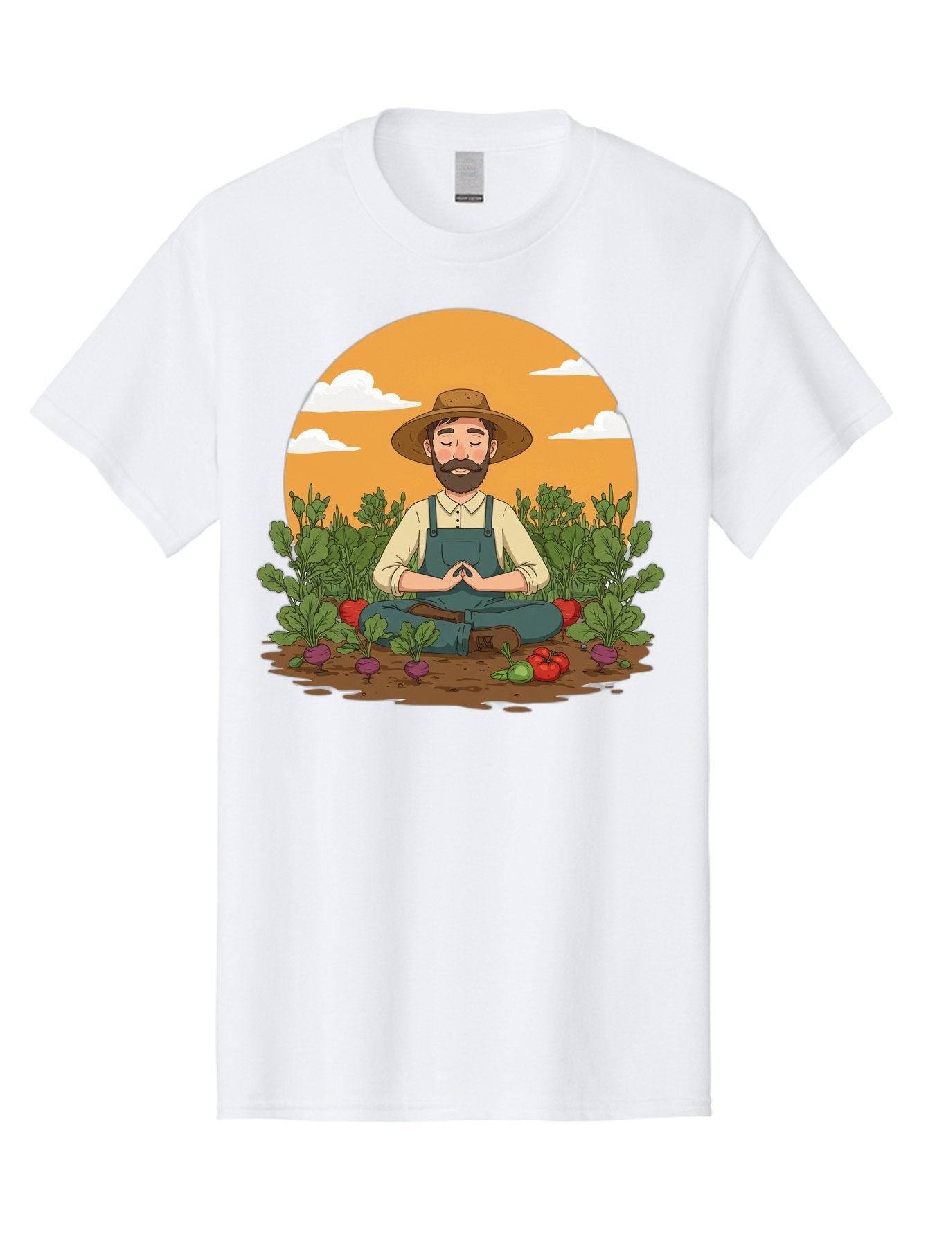 Farmer-Meditating Men'S Graphic Tee, 100% Cotton, Comfortable Casual Summer Wear, Machine Washable, Farmer Meditating In Garden, Peaceful Atmosphere, Gardening, Organic Farming, Healthy Lifestyle, Relaxation, Bearded Man, Lotus Position, Baa656 13