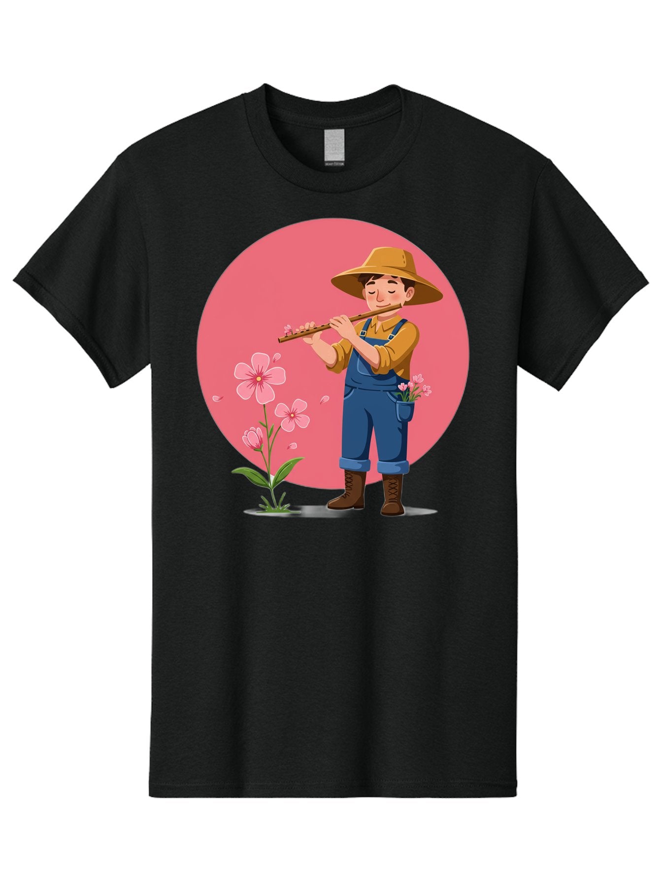 Farmer-Playing-Flute Men'S Graphic Tee, 100% Cotton, Comfortable Casual Summer Wear, Machine Washable, Farmer Playing Flute, Pink Flowers, Cartoon Character, Blue Overalls, Yellow Hat, Serene Atmosphere, Rural Setting, Floral Theme, Baa657 15