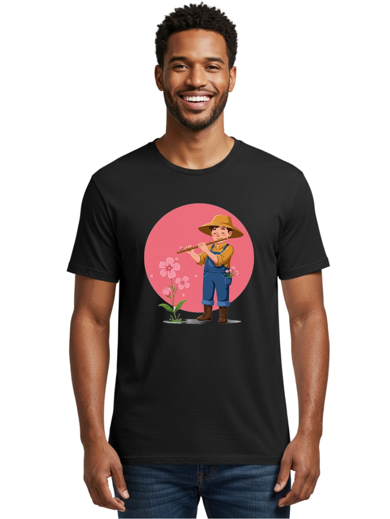 Farmer-Playing-Flute Men'S Graphic Tee, 100% Cotton, Comfortable Casual Summer Wear, Machine Washable, Farmer Playing Flute, Pink Flowers, Cartoon Character, Blue Overalls, Yellow Hat, Serene Atmosphere, Rural Setting, Floral Theme, Baa657 30
