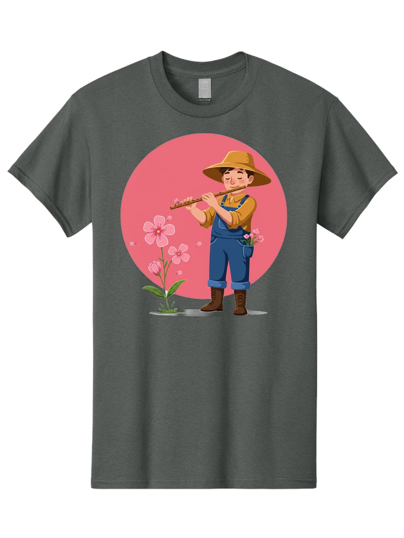 Farmer-Playing-Flute Men'S Graphic Tee, 100% Cotton, Comfortable Casual Summer Wear, Machine Washable, Farmer Playing Flute, Pink Flowers, Cartoon Character, Blue Overalls, Yellow Hat, Serene Atmosphere, Rural Setting, Floral Theme, Baa657