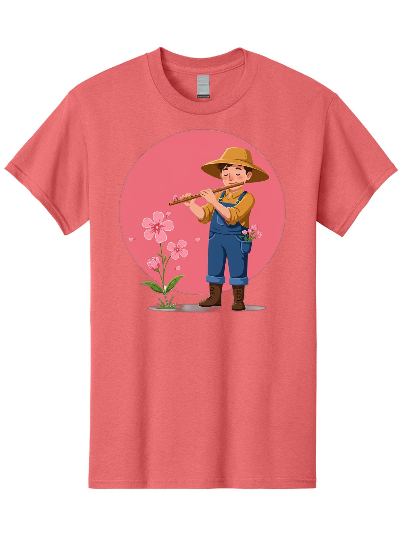 Farmer-Playing-Flute Men'S Graphic Tee, 100% Cotton, Comfortable Casual Summer Wear, Machine Washable, Farmer Playing Flute, Pink Flowers, Cartoon Character, Blue Overalls, Yellow Hat, Serene Atmosphere, Rural Setting, Floral Theme, Baa657 6