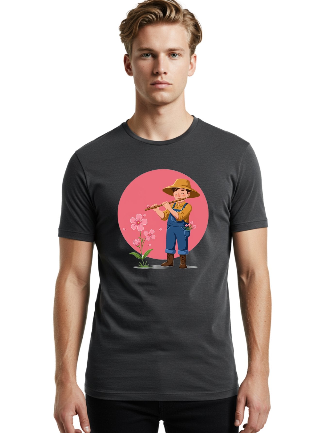 Farmer-Playing-Flute Men'S Graphic Tee, 100% Cotton, Comfortable Casual Summer Wear, Machine Washable, Farmer Playing Flute, Pink Flowers, Cartoon Character, Blue Overalls, Yellow Hat, Serene Atmosphere, Rural Setting, Floral Theme, Baa657 27