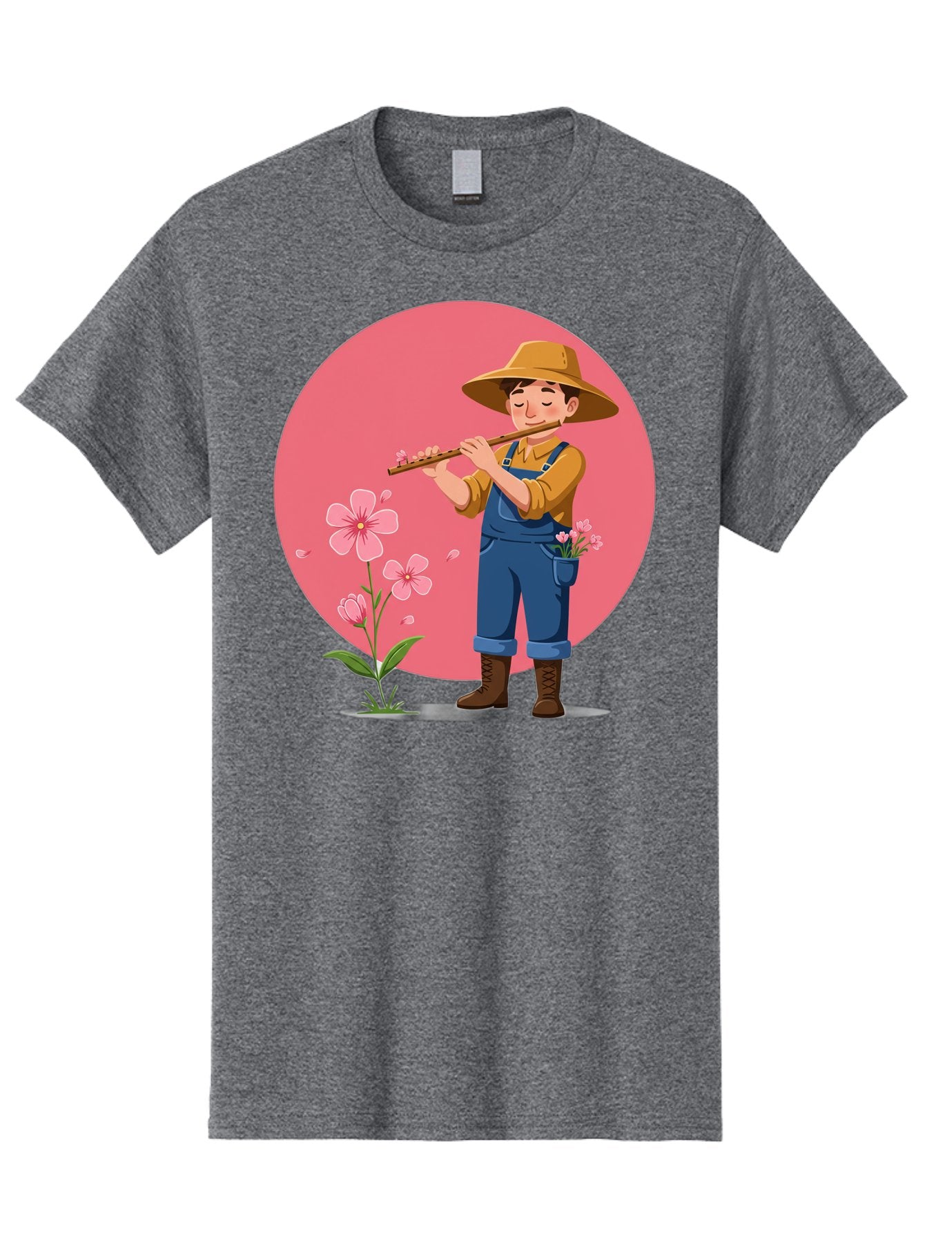 Farmer-Playing-Flute Men'S Graphic Tee, 100% Cotton, Comfortable Casual Summer Wear, Machine Washable, Farmer Playing Flute, Pink Flowers, Cartoon Character, Blue Overalls, Yellow Hat, Serene Atmosphere, Rural Setting, Floral Theme, Baa657 7