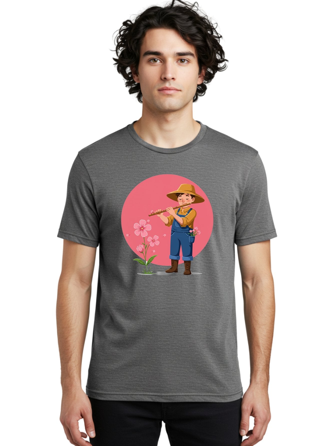 Farmer-Playing-Flute Men'S Graphic Tee, 100% Cotton, Comfortable Casual Summer Wear, Machine Washable, Farmer Playing Flute, Pink Flowers, Cartoon Character, Blue Overalls, Yellow Hat, Serene Atmosphere, Rural Setting, Floral Theme, Baa657 16