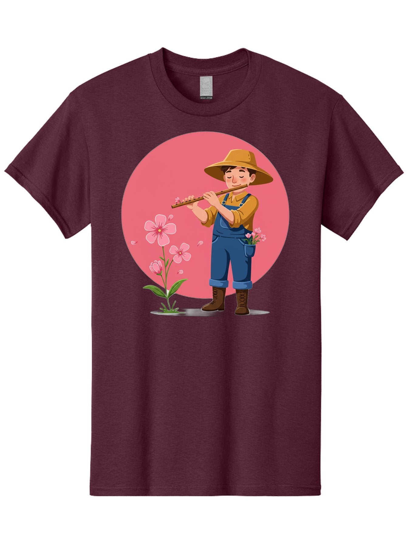 Farmer-Playing-Flute Men'S Graphic Tee, 100% Cotton, Comfortable Casual Summer Wear, Machine Washable, Farmer Playing Flute, Pink Flowers, Cartoon Character, Blue Overalls, Yellow Hat, Serene Atmosphere, Rural Setting, Floral Theme, Baa657 3