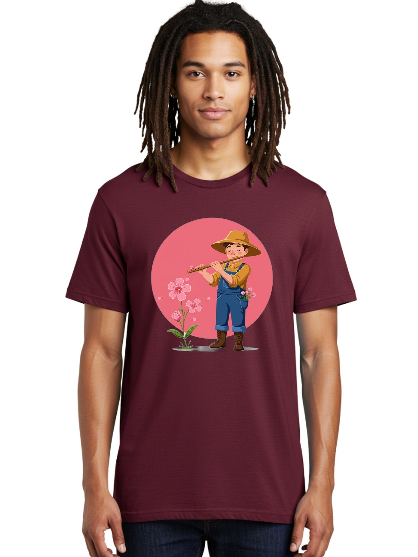 Farmer-Playing-Flute Men'S Graphic Tee, 100% Cotton, Comfortable Casual Summer Wear, Machine Washable, Farmer Playing Flute, Pink Flowers, Cartoon Character, Blue Overalls, Yellow Hat, Serene Atmosphere, Rural Setting, Floral Theme, Baa657 22