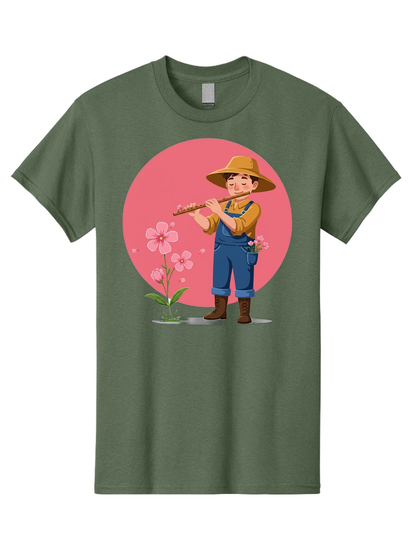 Farmer-Playing-Flute Men'S Graphic Tee, 100% Cotton, Comfortable Casual Summer Wear, Machine Washable, Farmer Playing Flute, Pink Flowers, Cartoon Character, Blue Overalls, Yellow Hat, Serene Atmosphere, Rural Setting, Floral Theme, Baa657 13