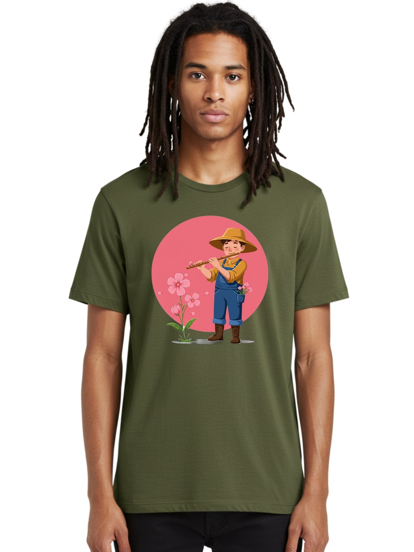 Farmer-Playing-Flute Men'S Graphic Tee, 100% Cotton, Comfortable Casual Summer Wear, Machine Washable, Farmer Playing Flute, Pink Flowers, Cartoon Character, Blue Overalls, Yellow Hat, Serene Atmosphere, Rural Setting, Floral Theme, Baa657 20