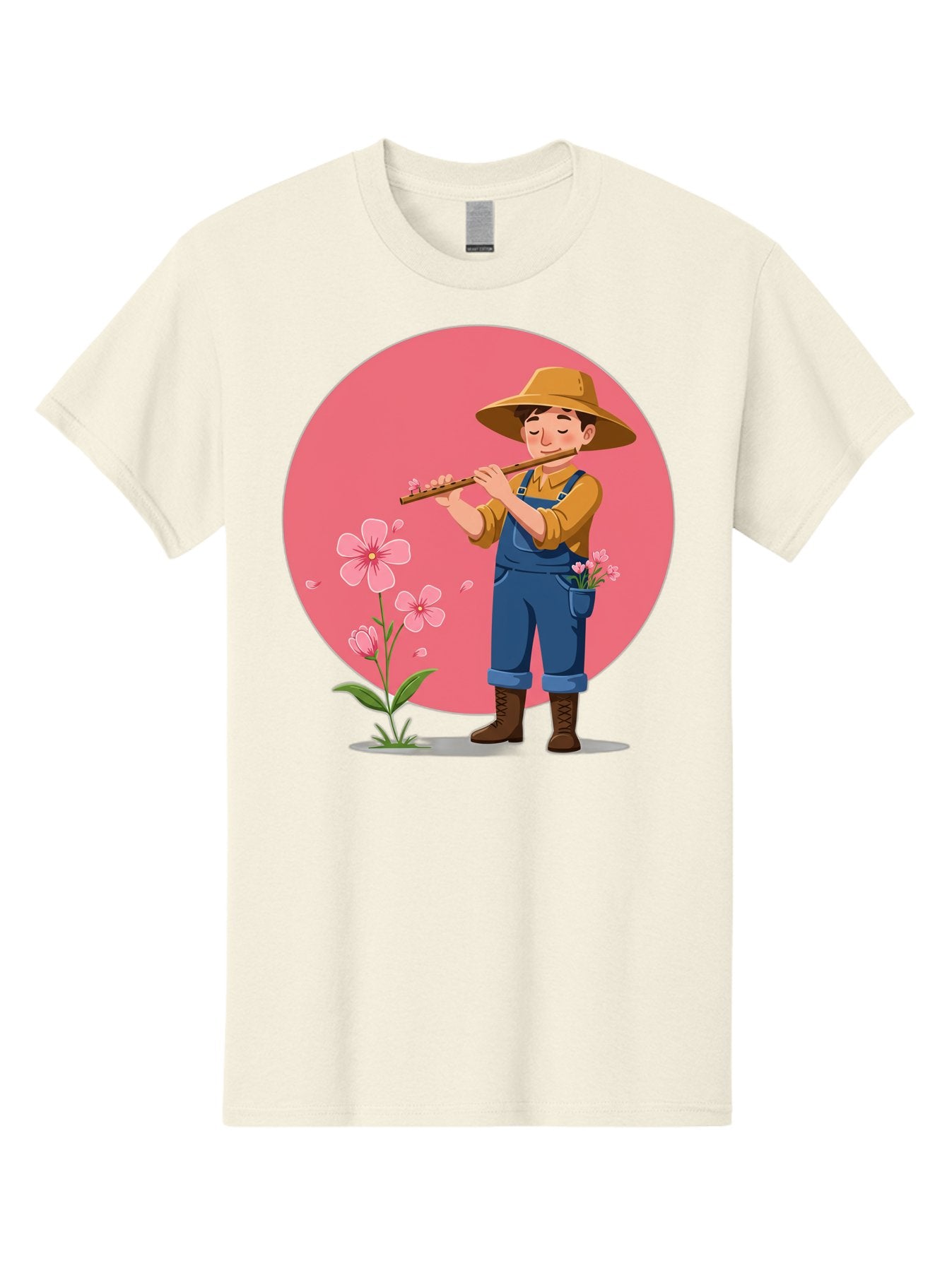 Farmer-Playing-Flute Men'S Graphic Tee, 100% Cotton, Comfortable Casual Summer Wear, Machine Washable, Farmer Playing Flute, Pink Flowers, Cartoon Character, Blue Overalls, Yellow Hat, Serene Atmosphere, Rural Setting, Floral Theme, Baa657 14