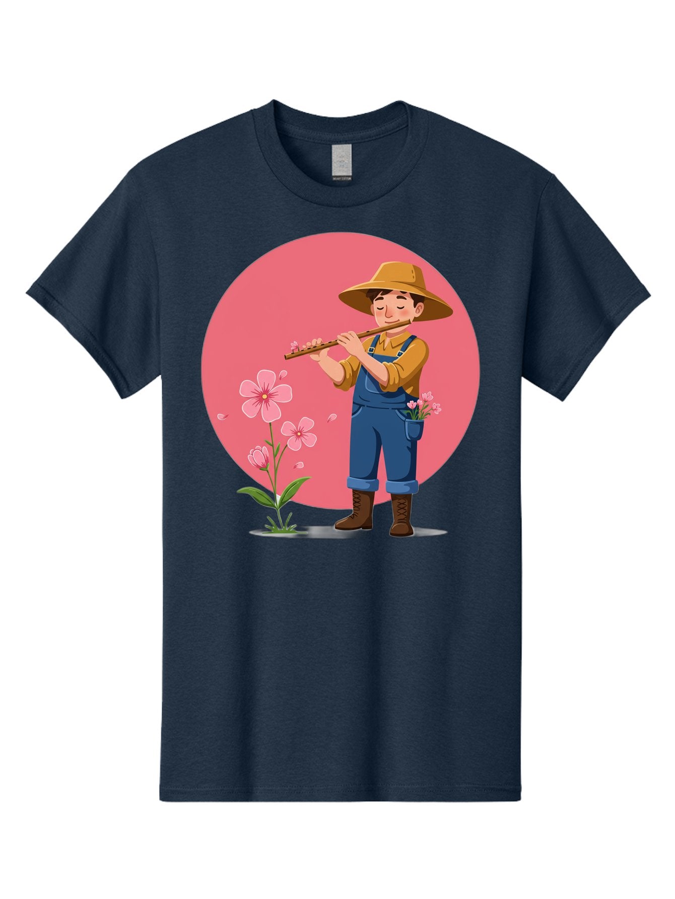 Farmer-Playing-Flute Men'S Graphic Tee, 100% Cotton, Comfortable Casual Summer Wear, Machine Washable, Farmer Playing Flute, Pink Flowers, Cartoon Character, Blue Overalls, Yellow Hat, Serene Atmosphere, Rural Setting, Floral Theme, Baa657 8