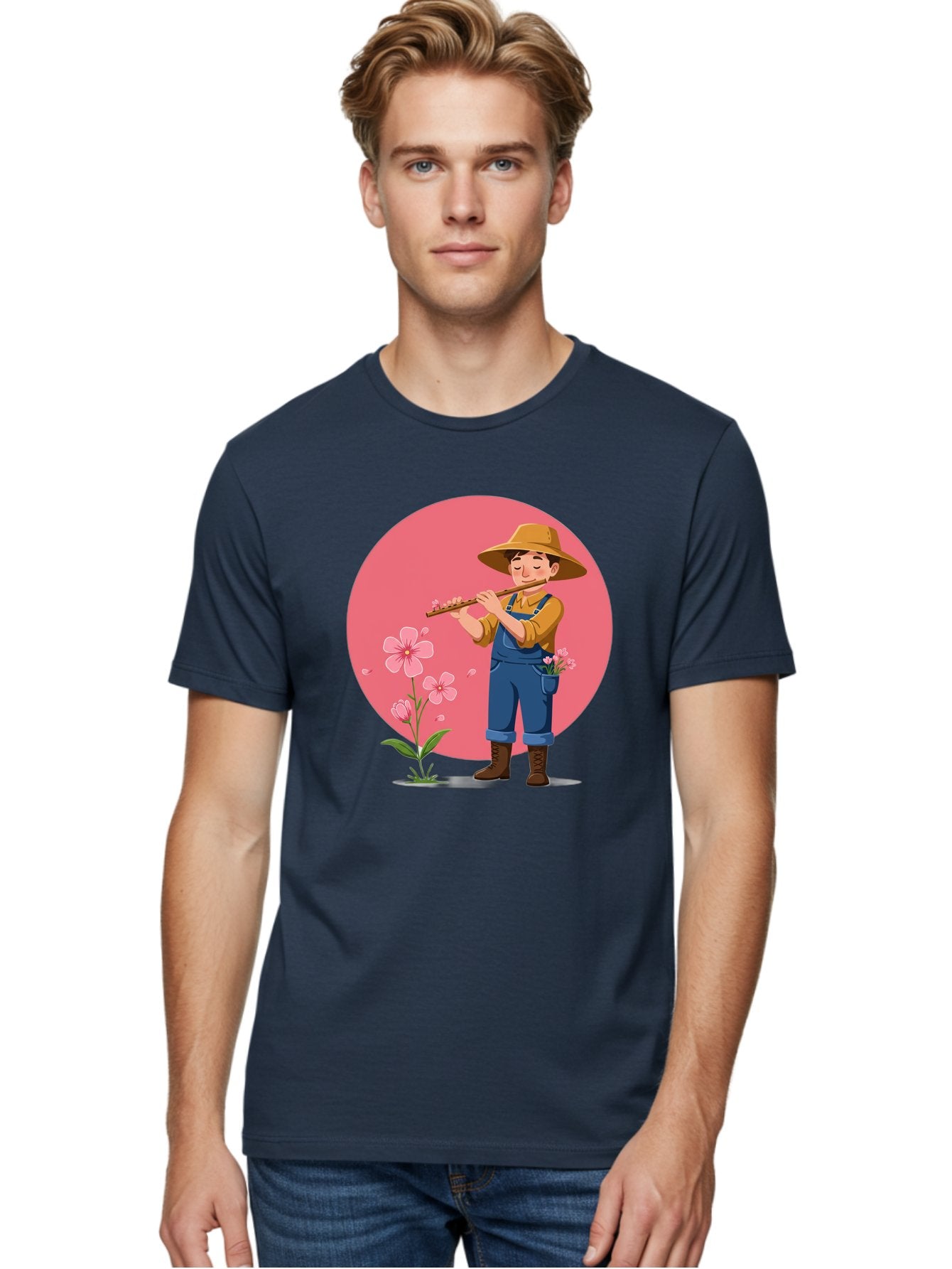 Farmer-Playing-Flute Men'S Graphic Tee, 100% Cotton, Comfortable Casual Summer Wear, Machine Washable, Farmer Playing Flute, Pink Flowers, Cartoon Character, Blue Overalls, Yellow Hat, Serene Atmosphere, Rural Setting, Floral Theme, Baa657 25