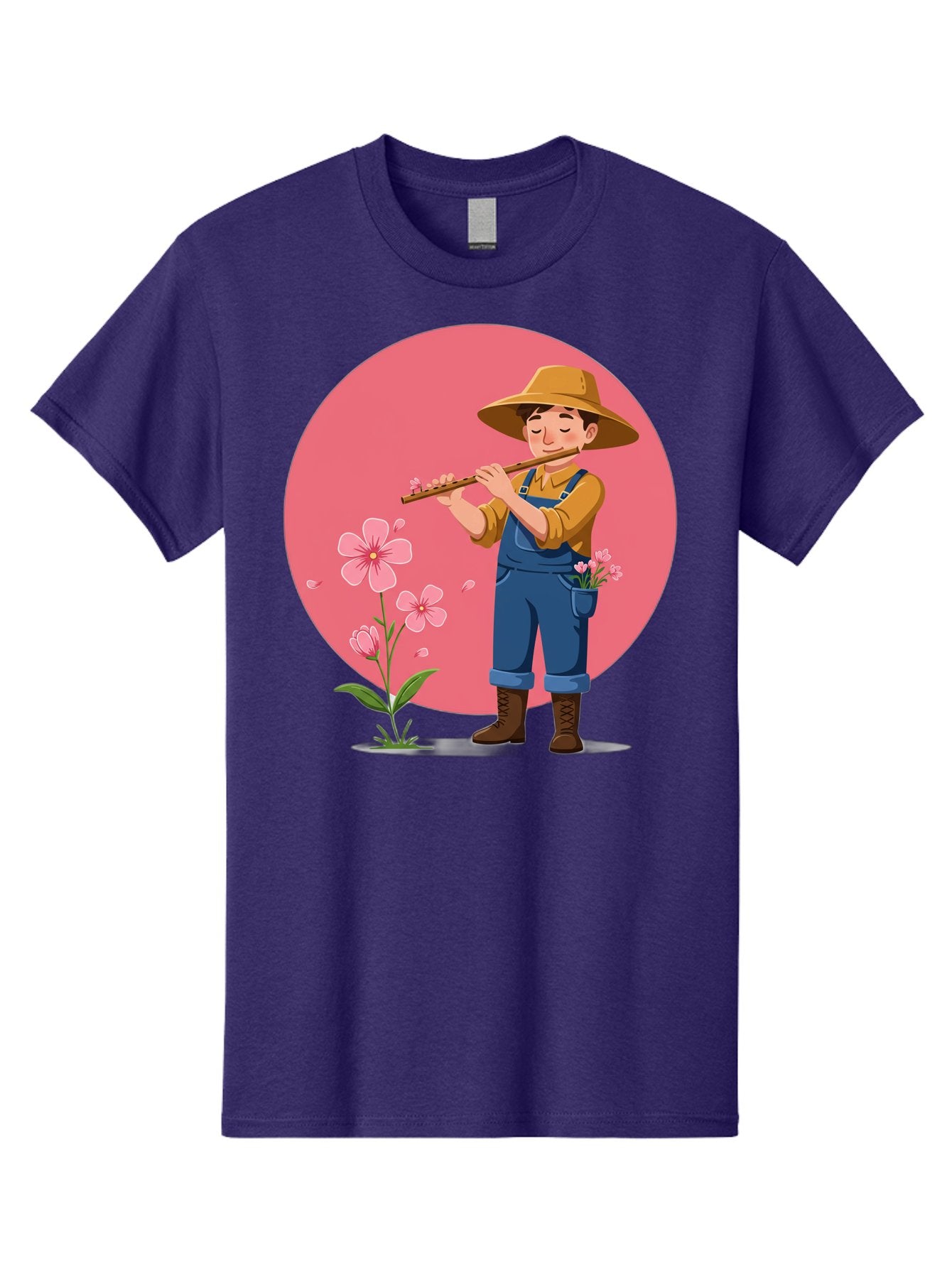 Farmer-Playing-Flute Men'S Graphic Tee, 100% Cotton, Comfortable Casual Summer Wear, Machine Washable, Farmer Playing Flute, Pink Flowers, Cartoon Character, Blue Overalls, Yellow Hat, Serene Atmosphere, Rural Setting, Floral Theme, Baa657 9