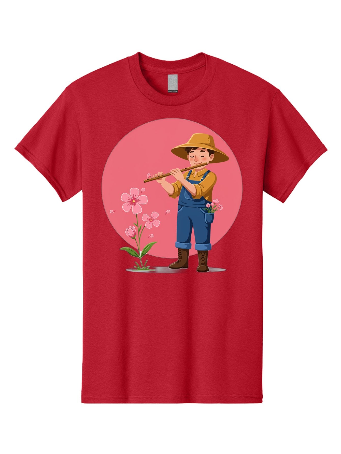 Farmer-Playing-Flute Men'S Graphic Tee, 100% Cotton, Comfortable Casual Summer Wear, Machine Washable, Farmer Playing Flute, Pink Flowers, Cartoon Character, Blue Overalls, Yellow Hat, Serene Atmosphere, Rural Setting, Floral Theme, Baa657 12