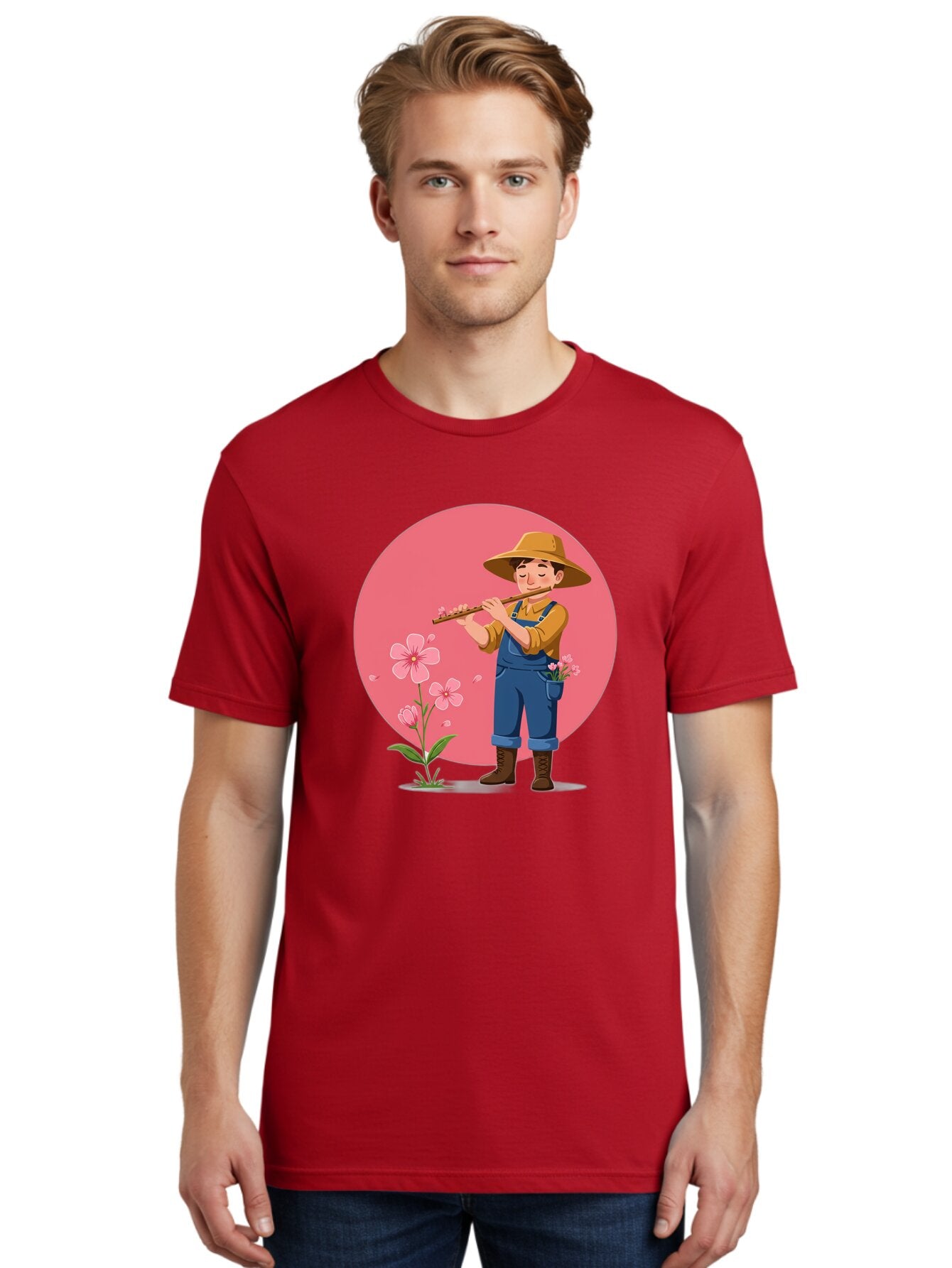 Farmer-Playing-Flute Men'S Graphic Tee, 100% Cotton, Comfortable Casual Summer Wear, Machine Washable, Farmer Playing Flute, Pink Flowers, Cartoon Character, Blue Overalls, Yellow Hat, Serene Atmosphere, Rural Setting, Floral Theme, Baa657 28