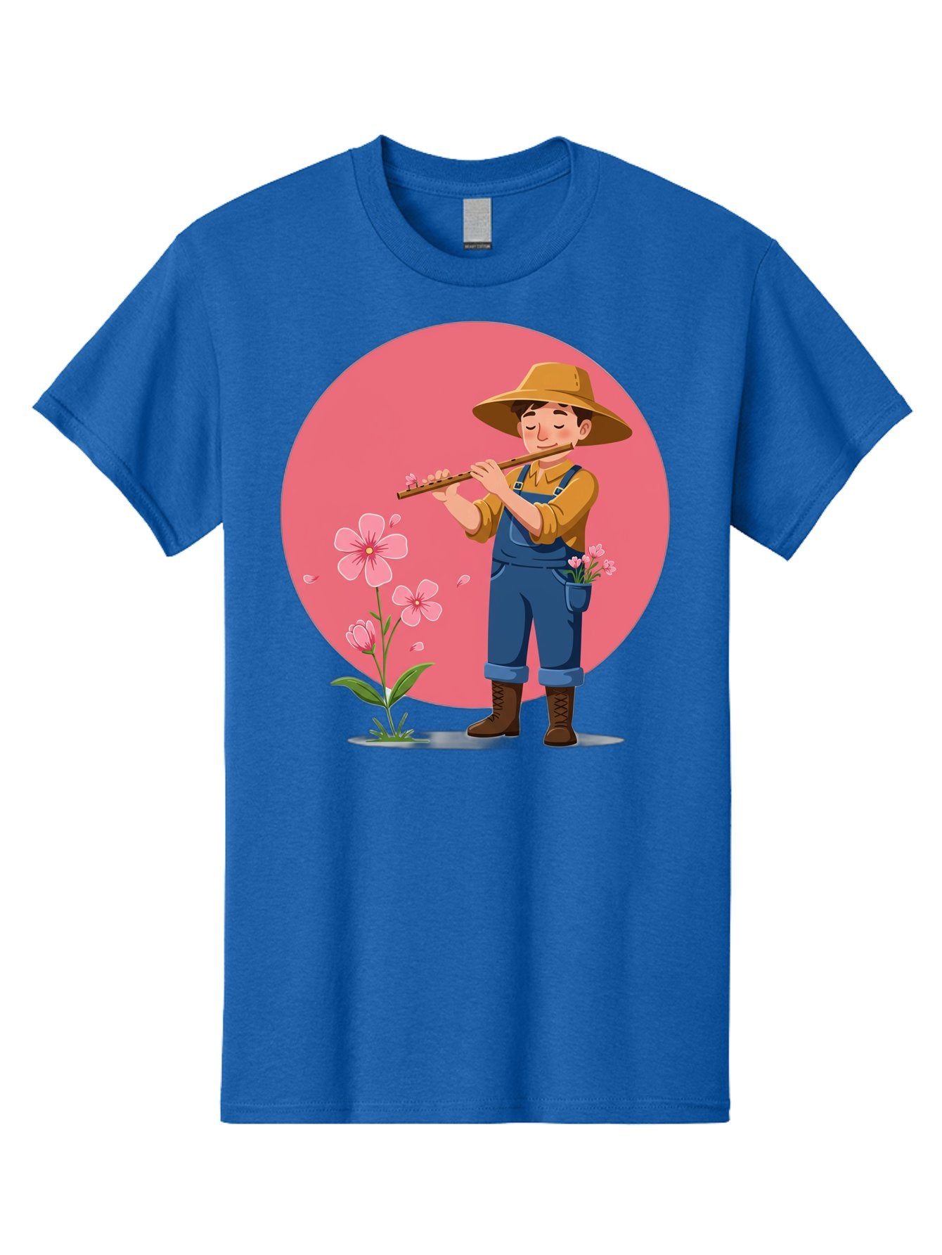 Farmer-Playing-Flute Men'S Graphic Tee, 100% Cotton, Comfortable Casual Summer Wear, Machine Washable, Farmer Playing Flute, Pink Flowers, Cartoon Character, Blue Overalls, Yellow Hat, Serene Atmosphere, Rural Setting, Floral Theme, Baa657 5