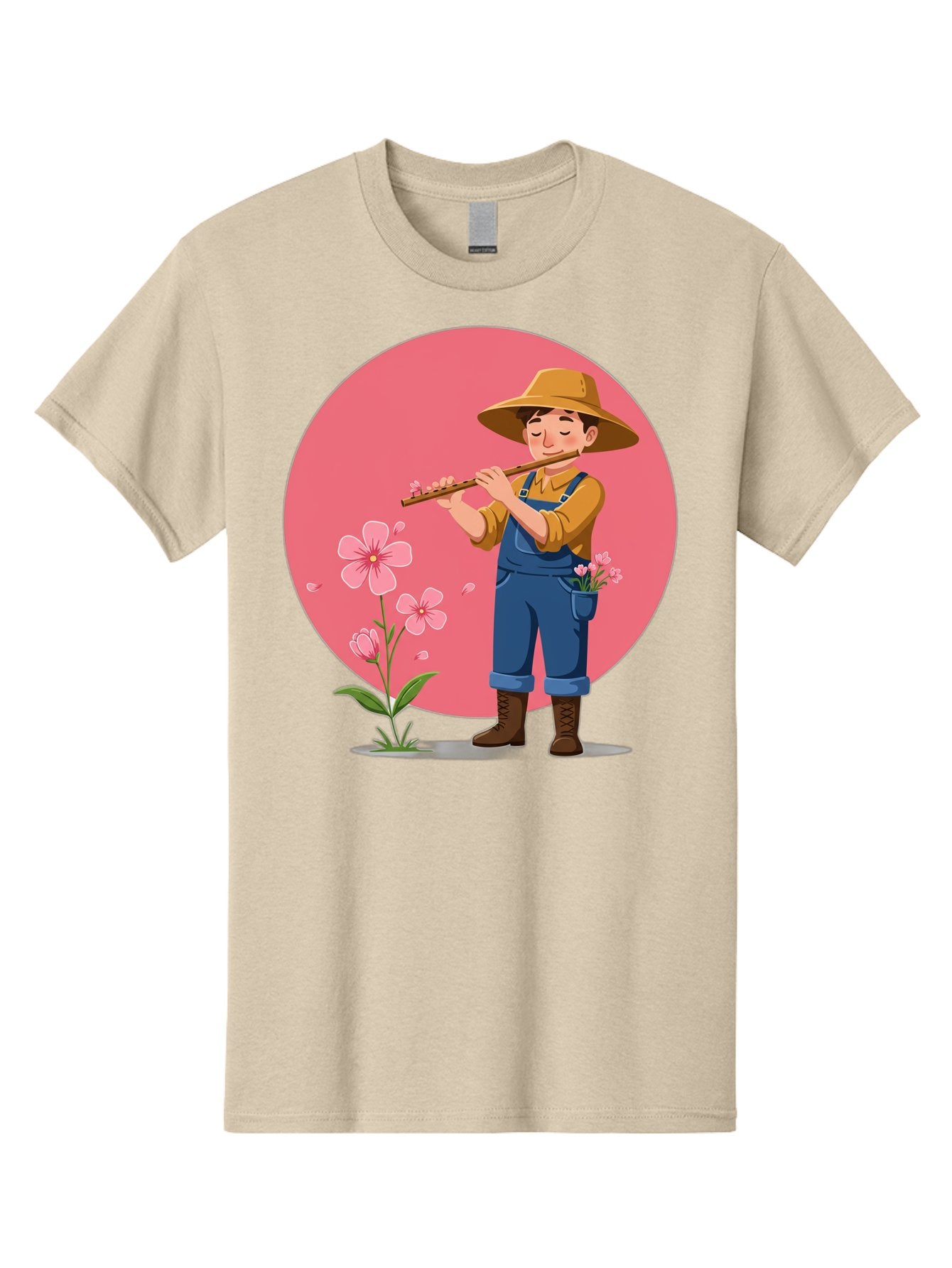 Farmer-Playing-Flute Men'S Graphic Tee, 100% Cotton, Comfortable Casual Summer Wear, Machine Washable, Farmer Playing Flute, Pink Flowers, Cartoon Character, Blue Overalls, Yellow Hat, Serene Atmosphere, Rural Setting, Floral Theme, Baa657