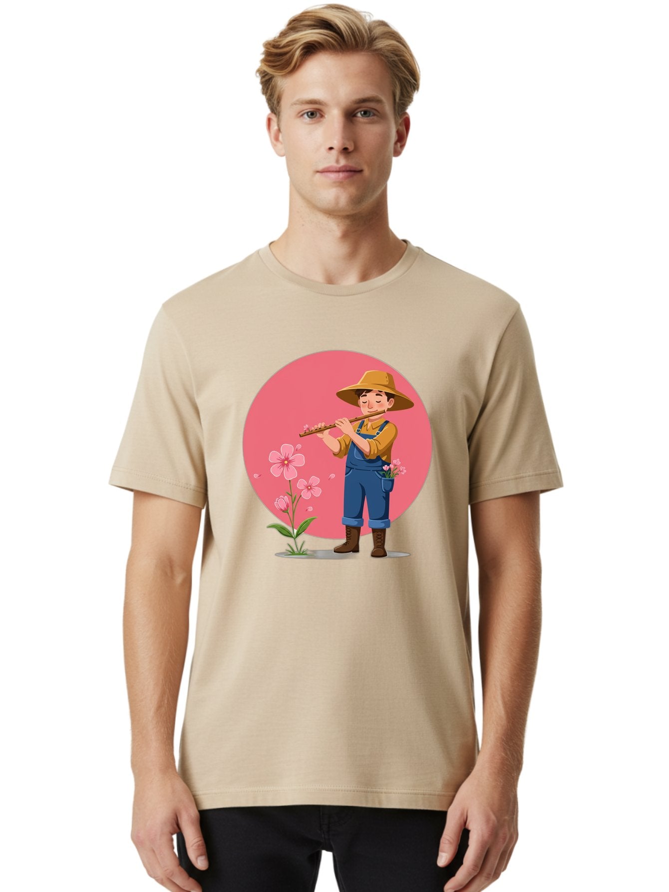 Farmer-Playing-Flute Men'S Graphic Tee, 100% Cotton, Comfortable Casual Summer Wear, Machine Washable, Farmer Playing Flute, Pink Flowers, Cartoon Character, Blue Overalls, Yellow Hat, Serene Atmosphere, Rural Setting, Floral Theme, Baa657 19