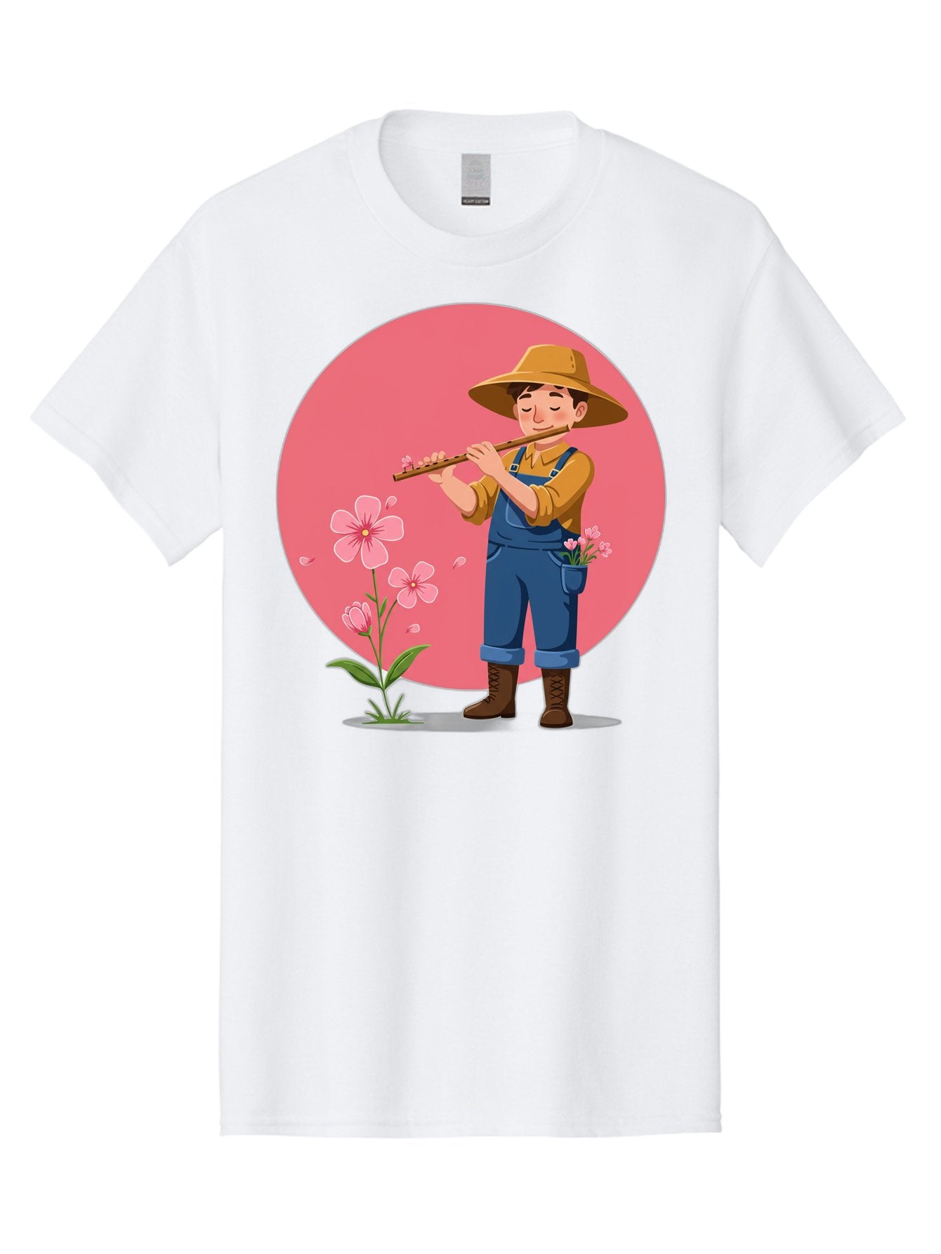 Farmer-Playing-Flute Men'S Graphic Tee, 100% Cotton, Comfortable Casual Summer Wear, Machine Washable, Farmer Playing Flute, Pink Flowers, Cartoon Character, Blue Overalls, Yellow Hat, Serene Atmosphere, Rural Setting, Floral Theme, Baa657 4