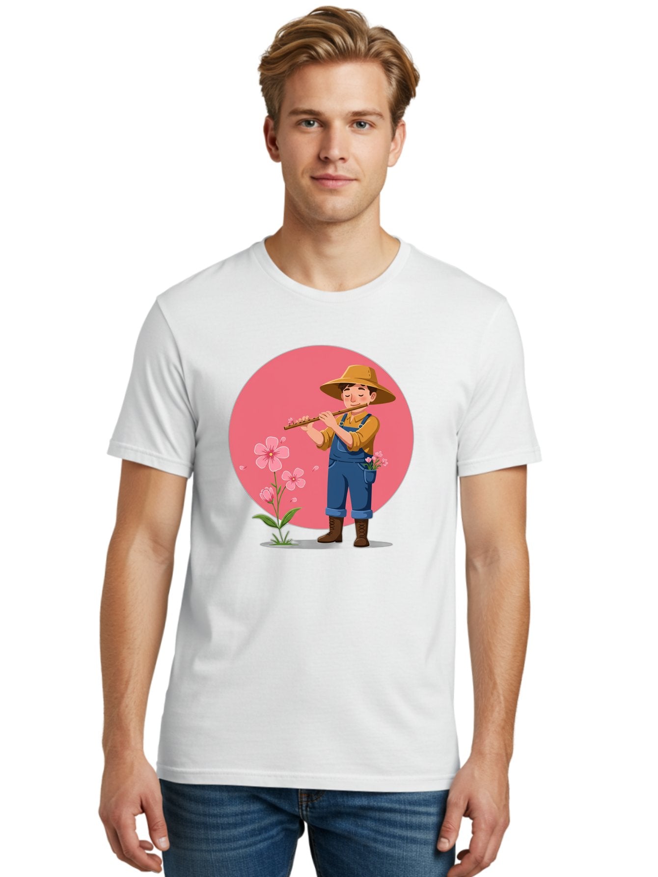 Farmer-Playing-Flute Men'S Graphic Tee, 100% Cotton, Comfortable Casual Summer Wear, Machine Washable, Farmer Playing Flute, Pink Flowers, Cartoon Character, Blue Overalls, Yellow Hat, Serene Atmosphere, Rural Setting, Floral Theme, Baa657 18