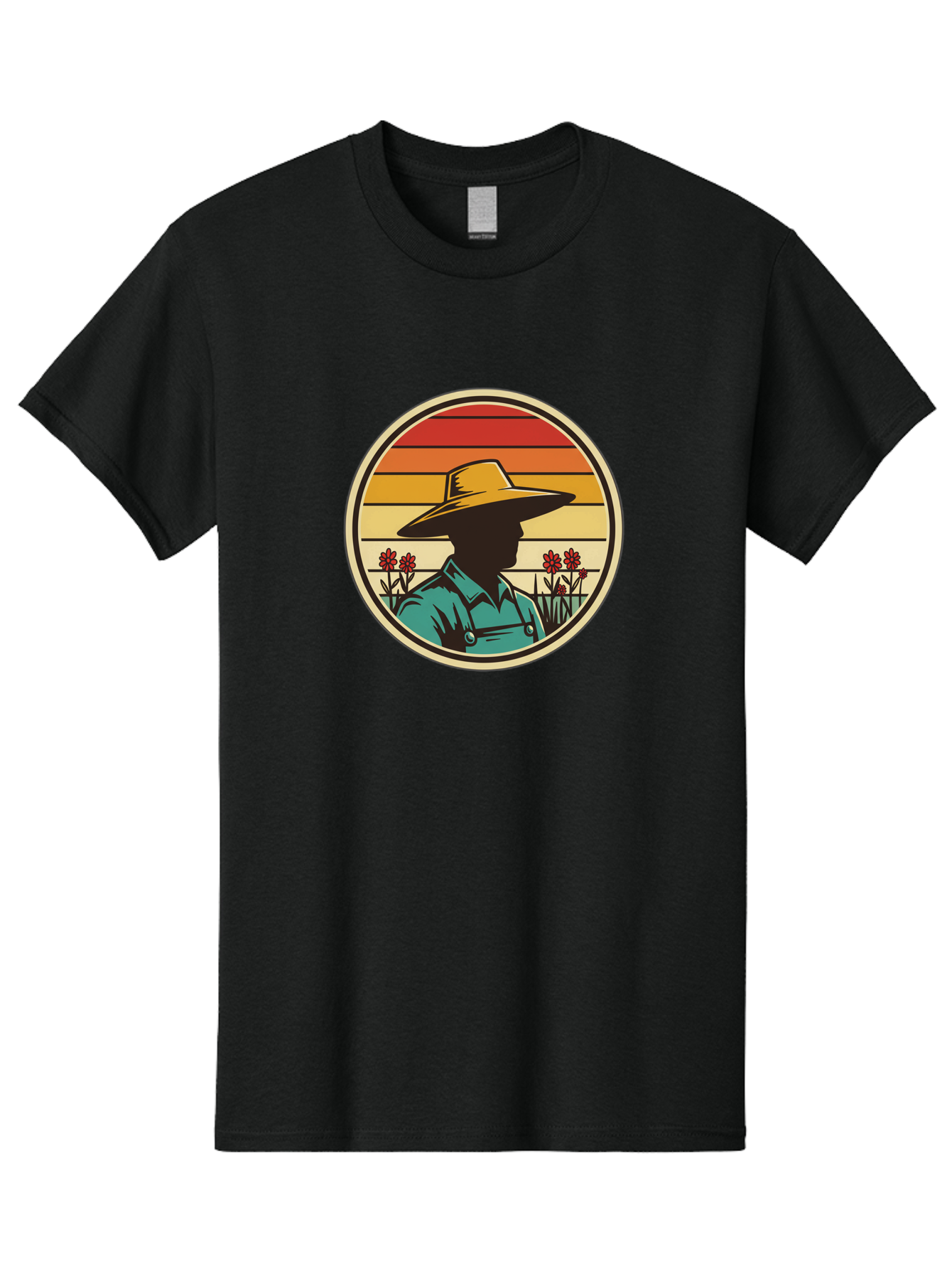 Farmer-Silhouette Men'S Graphic Tee, 100% Cotton, Comfortable Casual Summer Wear, Machine Washable, Farmer Silhouette, Vintage Style, Agricultural Theme, Retro Colors, Wide-Brimmed Hat, Collared Shirt, Flowers In Field, Warm Colors, Baa658 11