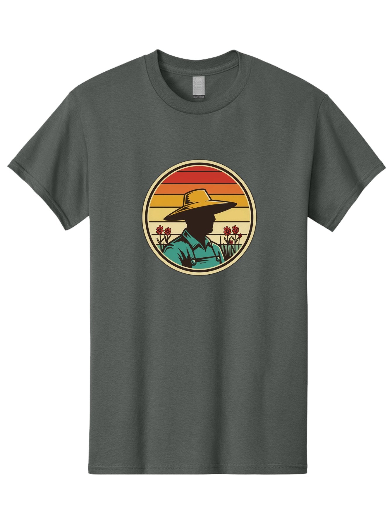 Farmer-Silhouette Men'S Graphic Tee, 100% Cotton, Comfortable Casual Summer Wear, Machine Washable, Farmer Silhouette, Vintage Style, Agricultural Theme, Retro Colors, Wide-Brimmed Hat, Collared Shirt, Flowers In Field, Warm Colors, Baa658 3