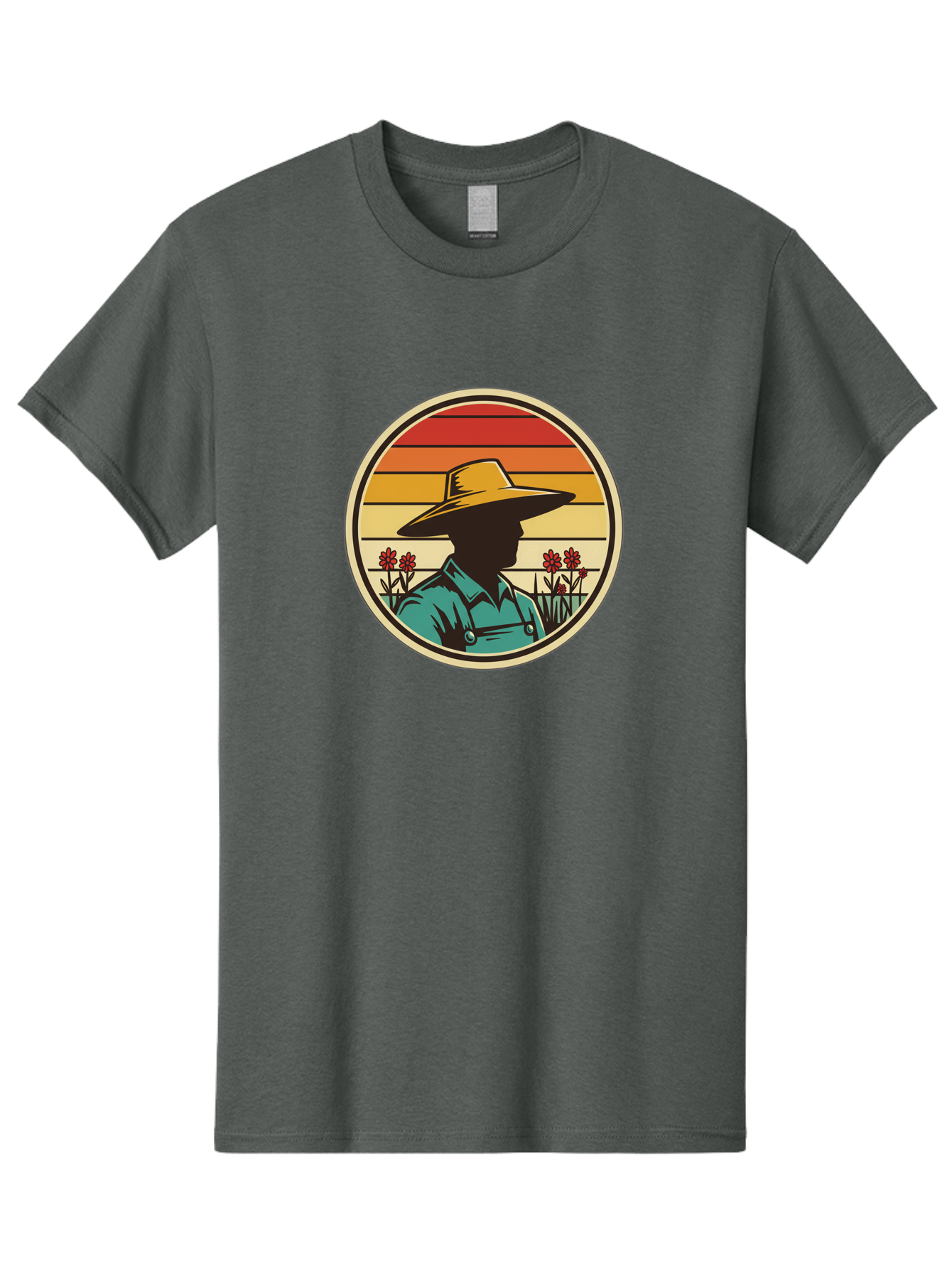 Farmer-Silhouette Men'S Graphic Tee, 100% Cotton, Comfortable Casual Summer Wear, Machine Washable, Farmer Silhouette, Vintage Style, Agricultural Theme, Retro Colors, Wide-Brimmed Hat, Collared Shirt, Flowers In Field, Warm Colors, Baa658 17