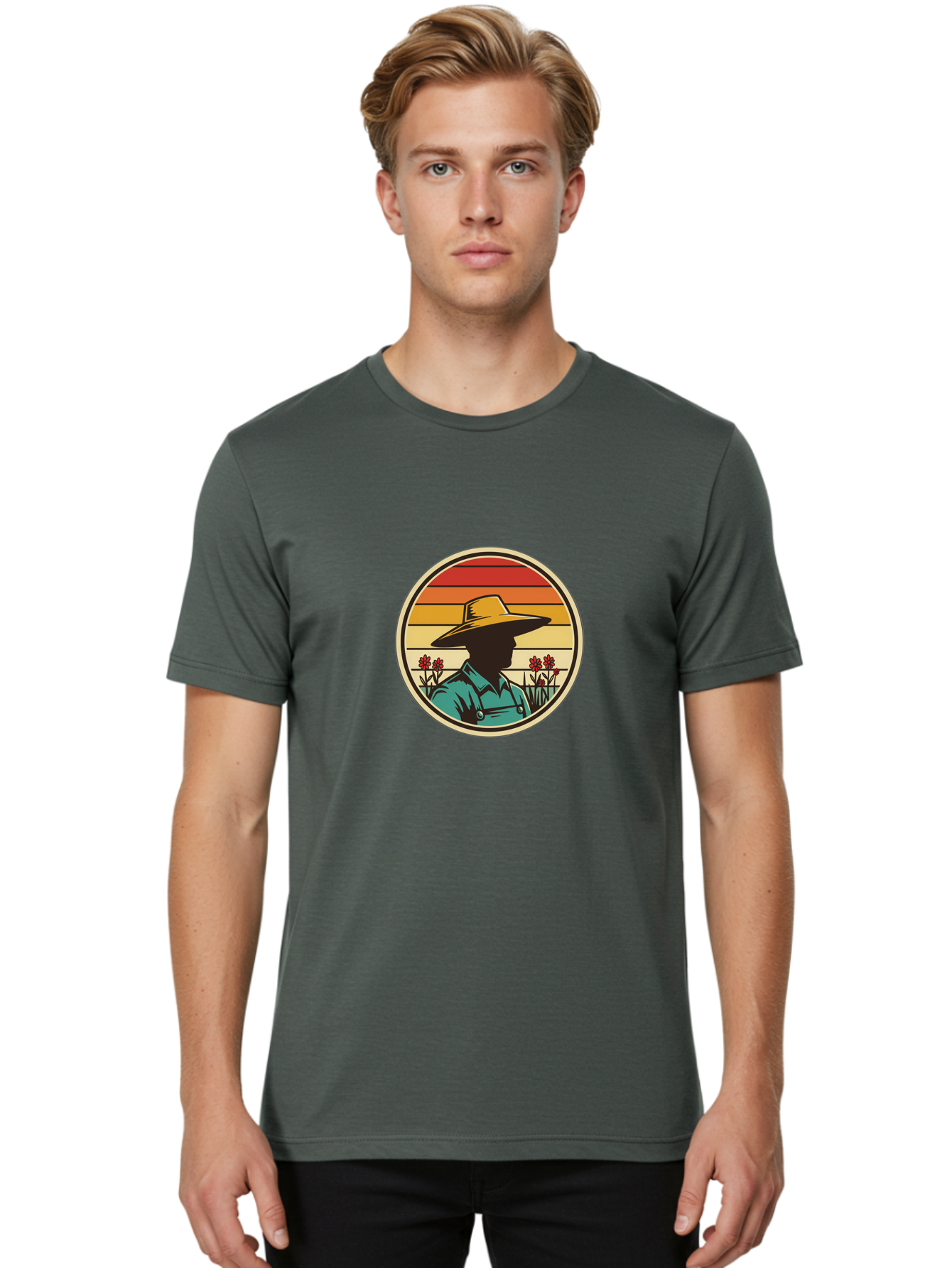 Farmer-Silhouette Men'S Graphic Tee, 100% Cotton, Comfortable Casual Summer Wear, Machine Washable, Farmer Silhouette, Vintage Style, Agricultural Theme, Retro Colors, Wide-Brimmed Hat, Collared Shirt, Flowers In Field, Warm Colors, Baa658 18