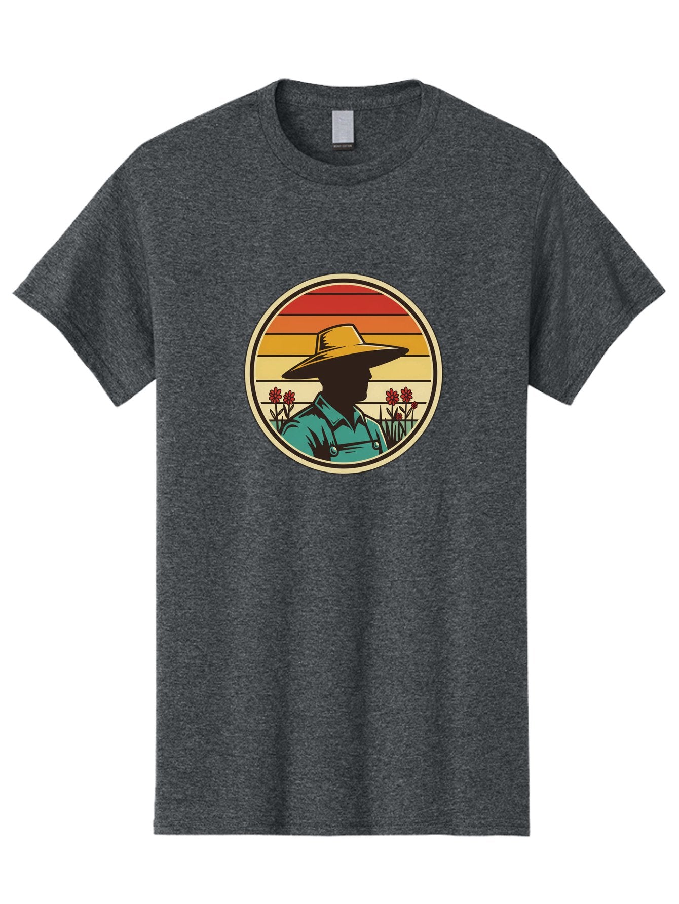 Farmer-Silhouette Men'S Graphic Tee, 100% Cotton, Comfortable Casual Summer Wear, Machine Washable, Farmer Silhouette, Vintage Style, Agricultural Theme, Retro Colors, Wide-Brimmed Hat, Collared Shirt, Flowers In Field, Warm Colors, Baa658 11