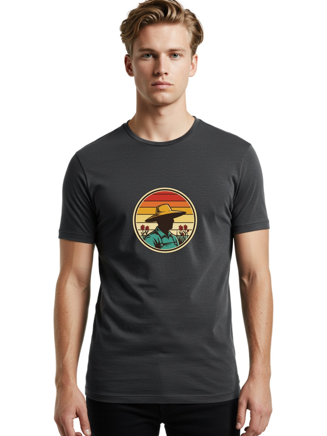 Farmer-Silhouette Men'S Graphic Tee, 100% Cotton, Comfortable Casual Summer Wear, Machine Washable, Farmer Silhouette, Vintage Style, Agricultural Theme, Retro Colors, Wide-Brimmed Hat, Collared Shirt, Flowers In Field, Warm Colors, Baa658 27