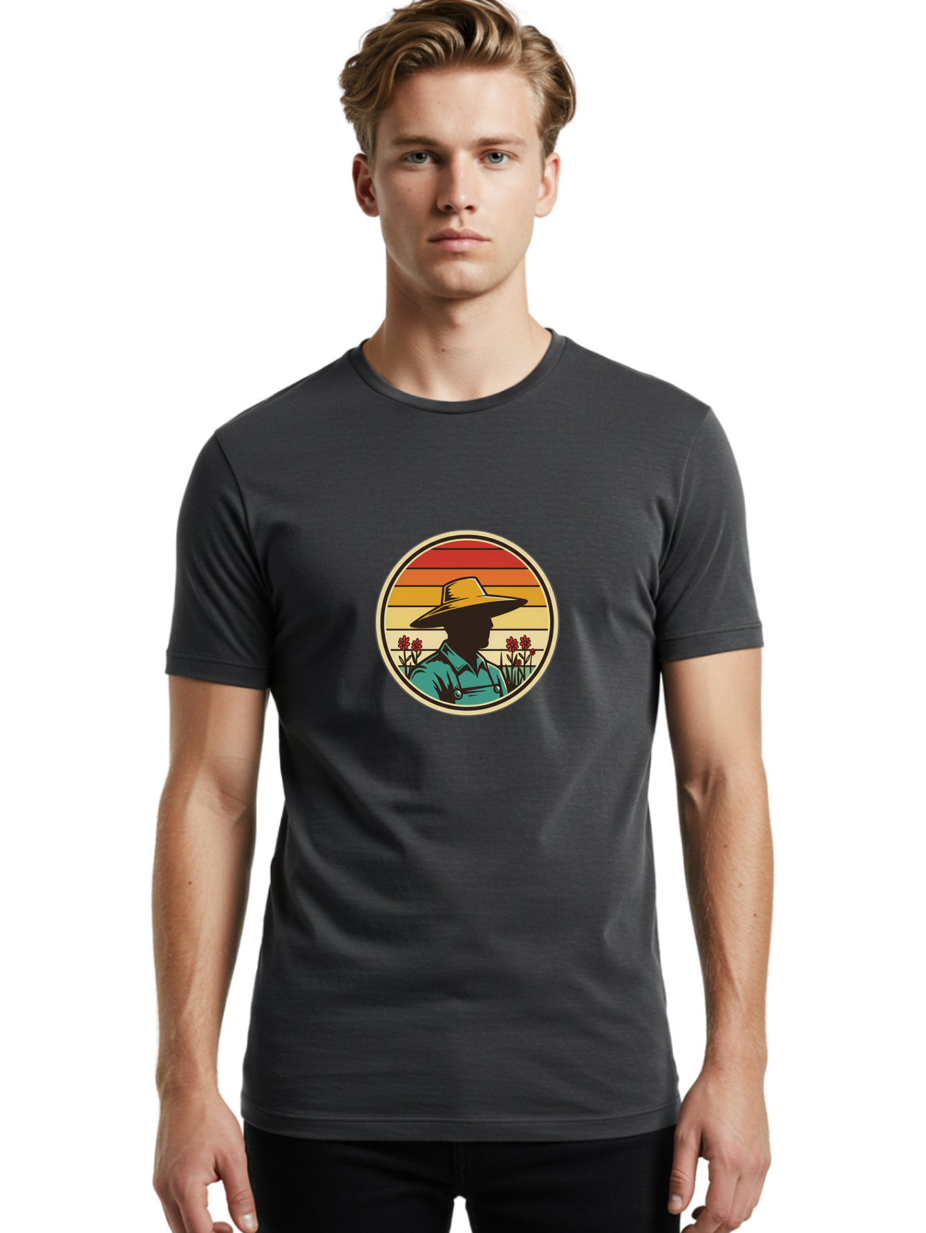 Farmer-Silhouette Men'S Graphic Tee, 100% Cotton, Comfortable Casual Summer Wear, Machine Washable, Farmer Silhouette, Vintage Style, Agricultural Theme, Retro Colors, Wide-Brimmed Hat, Collared Shirt, Flowers In Field, Warm Colors, Baa658 8