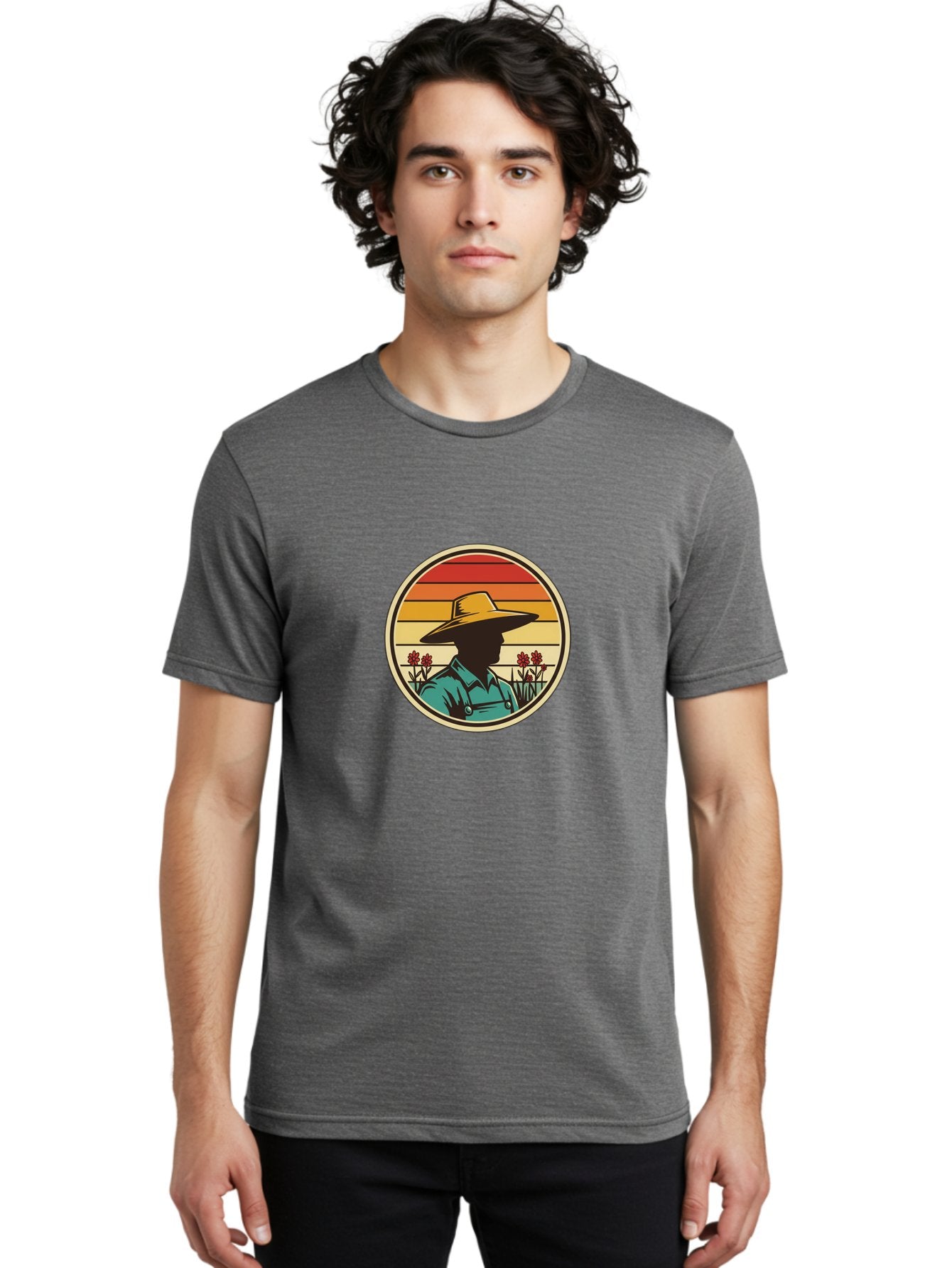 Farmer-Silhouette Men'S Graphic Tee, 100% Cotton, Comfortable Casual Summer Wear, Machine Washable, Farmer Silhouette, Vintage Style, Agricultural Theme, Retro Colors, Wide-Brimmed Hat, Collared Shirt, Flowers In Field, Warm Colors, Baa658 19