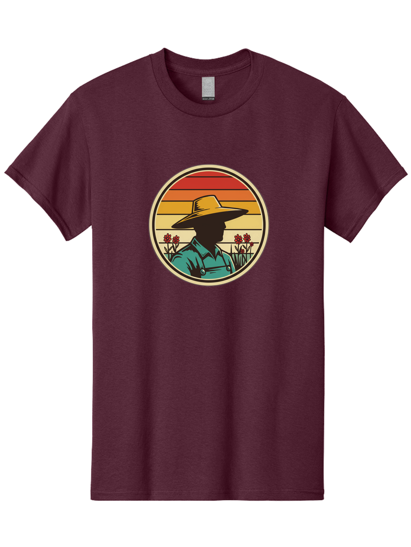 Farmer-Silhouette Men'S Graphic Tee, 100% Cotton, Comfortable Casual Summer Wear, Machine Washable, Farmer Silhouette, Vintage Style, Agricultural Theme, Retro Colors, Wide-Brimmed Hat, Collared Shirt, Flowers In Field, Warm Colors, Baa658 3