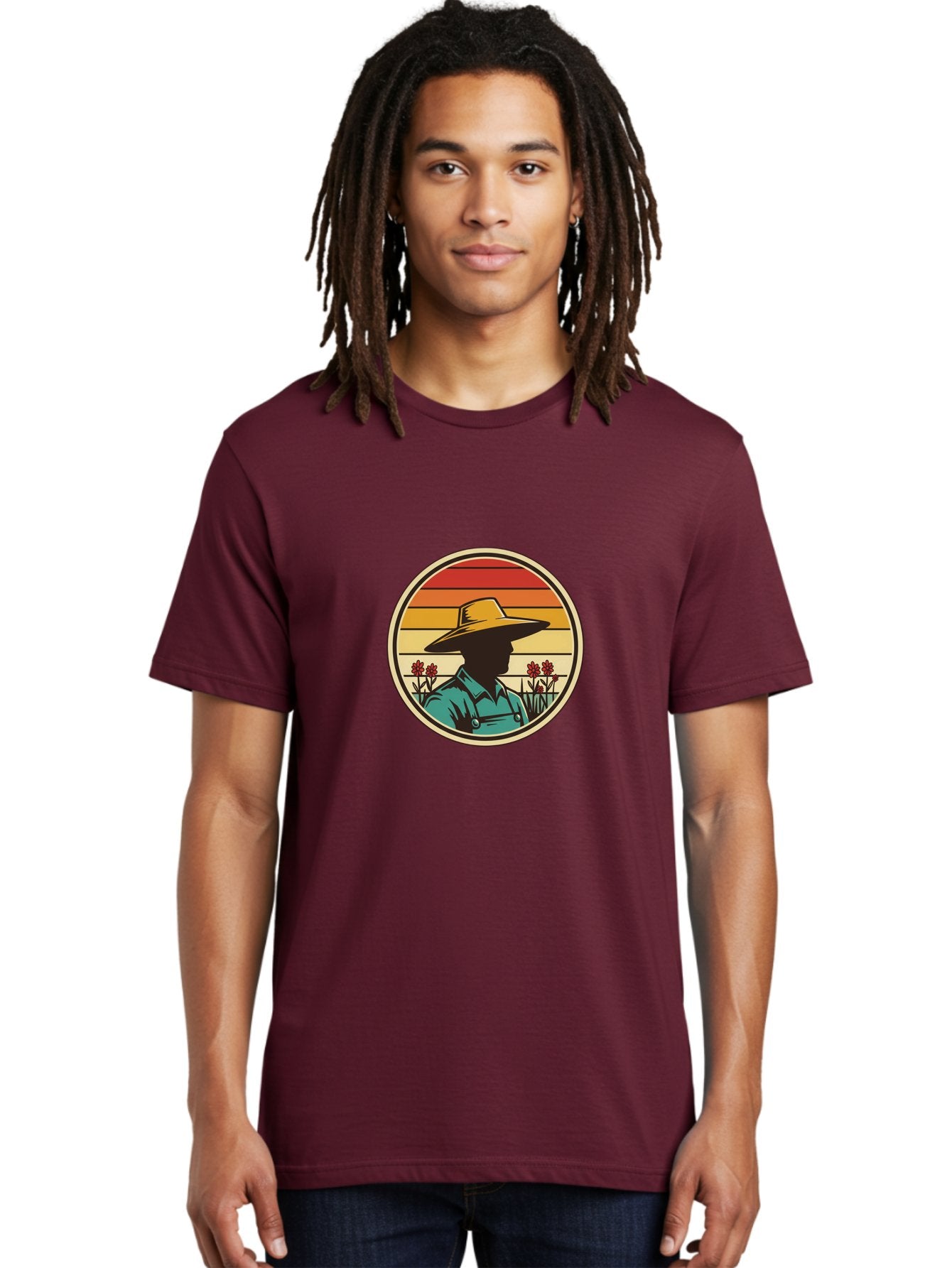 Farmer-Silhouette Men'S Graphic Tee, 100% Cotton, Comfortable Casual Summer Wear, Machine Washable, Farmer Silhouette, Vintage Style, Agricultural Theme, Retro Colors, Wide-Brimmed Hat, Collared Shirt, Flowers In Field, Warm Colors, Baa658 29